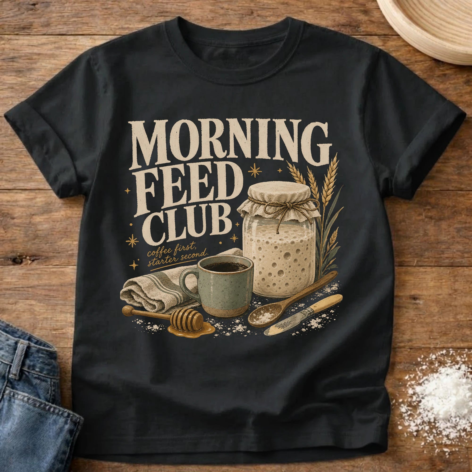 Knead More Fun Morning Feed Club sourdough t-shirt in Black