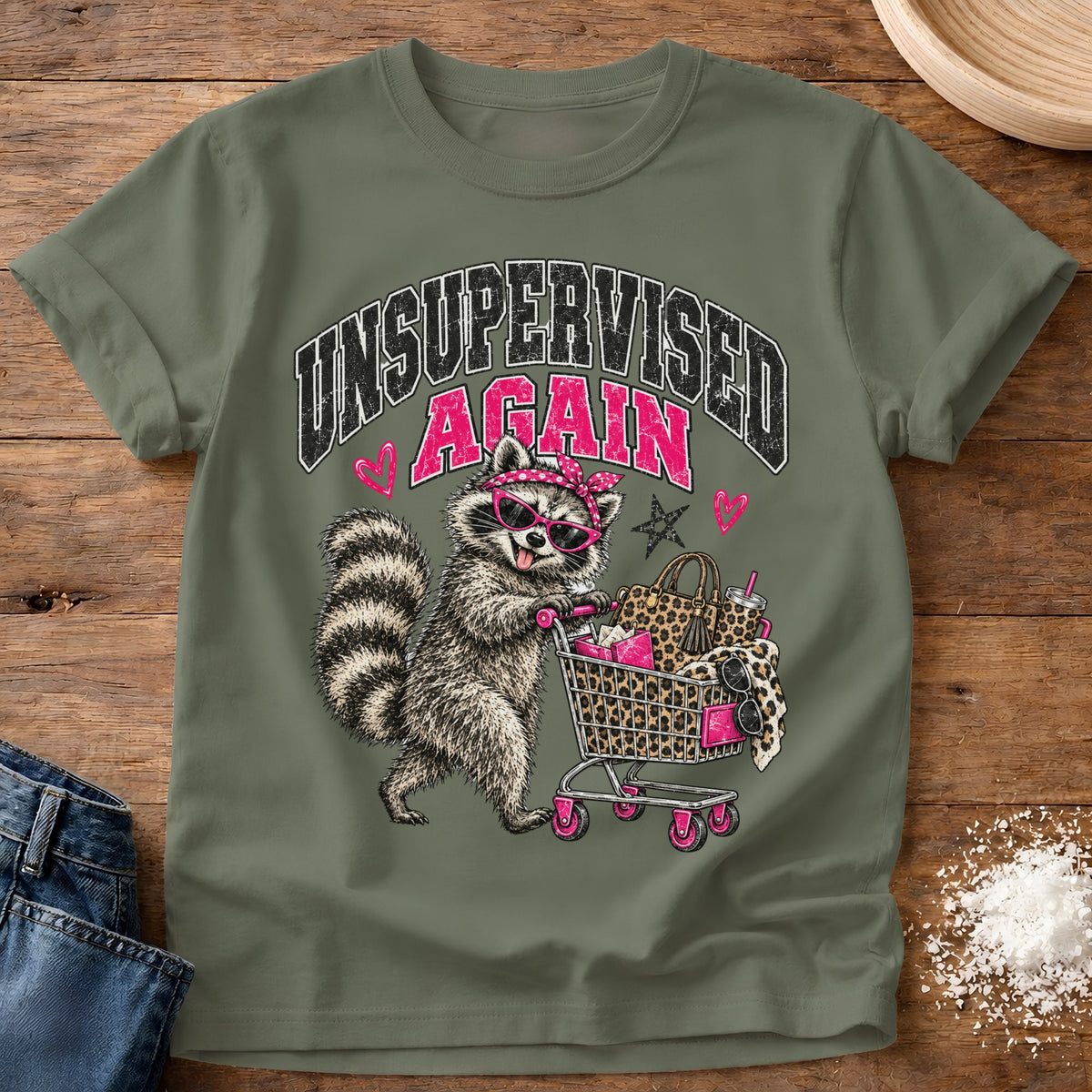 Knead More Fun Unsupervised Thrifting Raccoon t-shirt in Moss