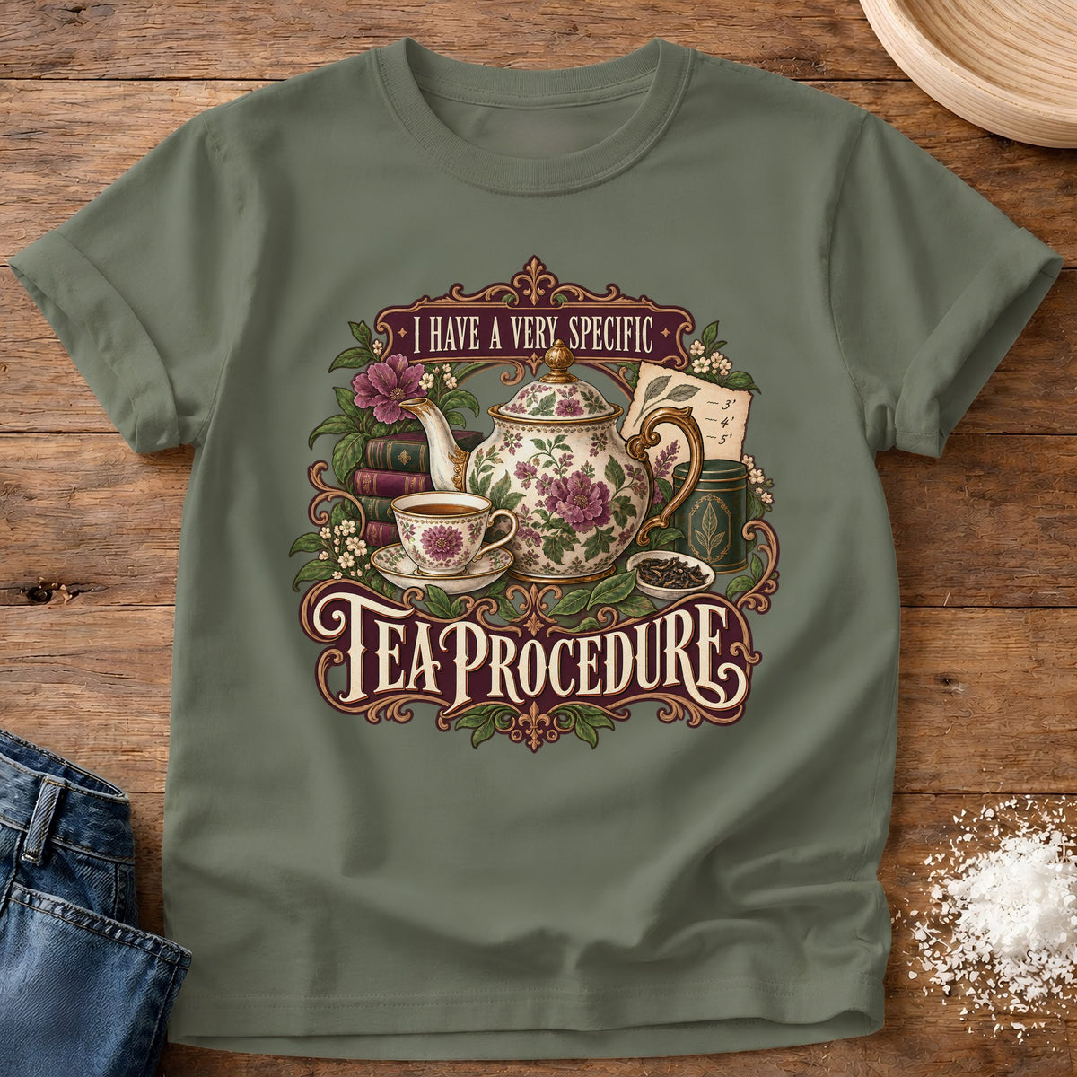 Knead More Fun Tea Proceedure t-shirt in Moss