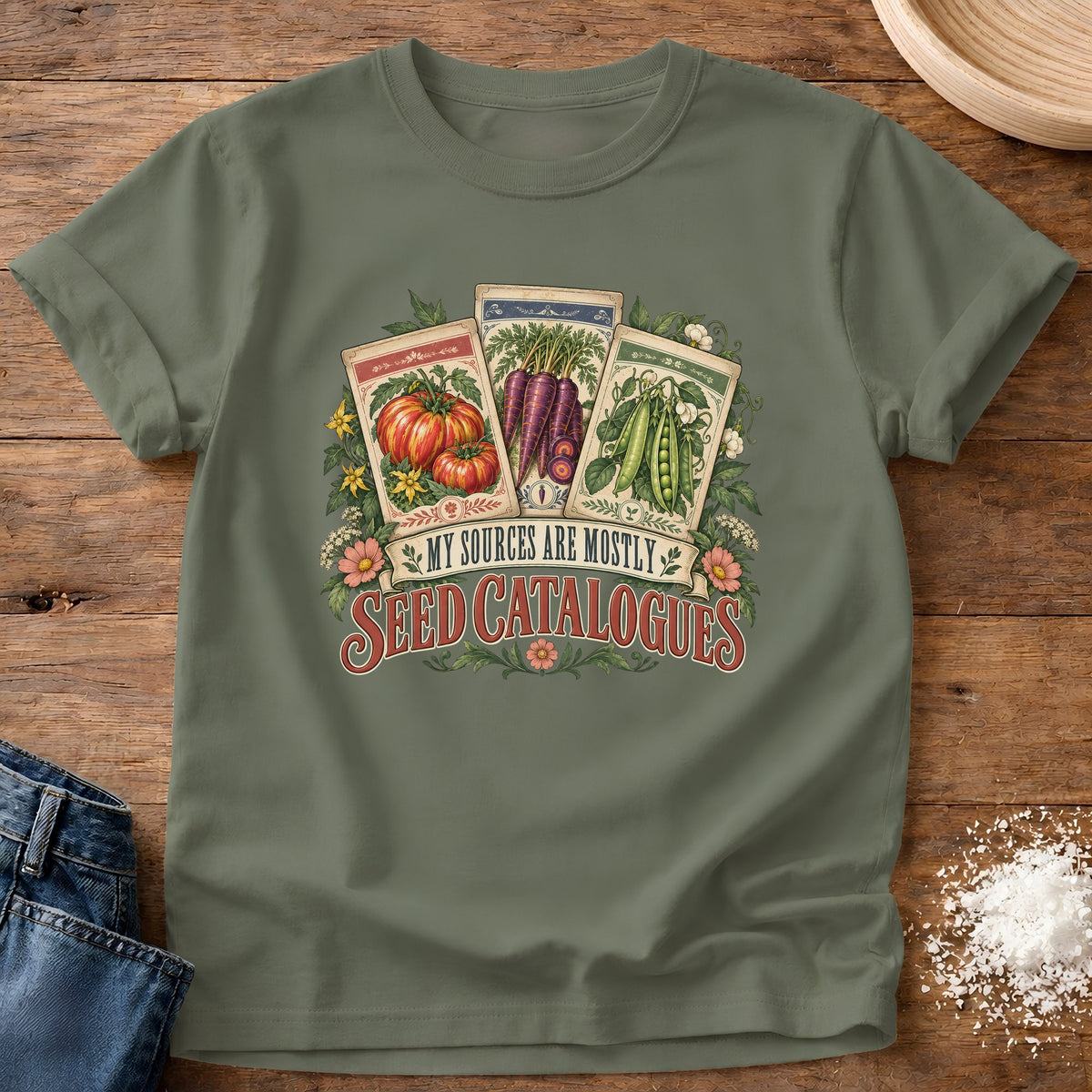 Knead More Fun Seed Catalogue graphic t-shirt in Moss