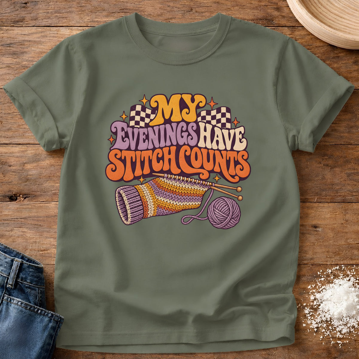 Knead More Fun Stitch Count Evenings graphic t-shirt in Moss