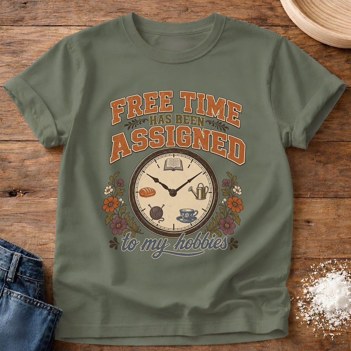 Knead More Fun Free Time Assigned graphic t-shirt in Moss
