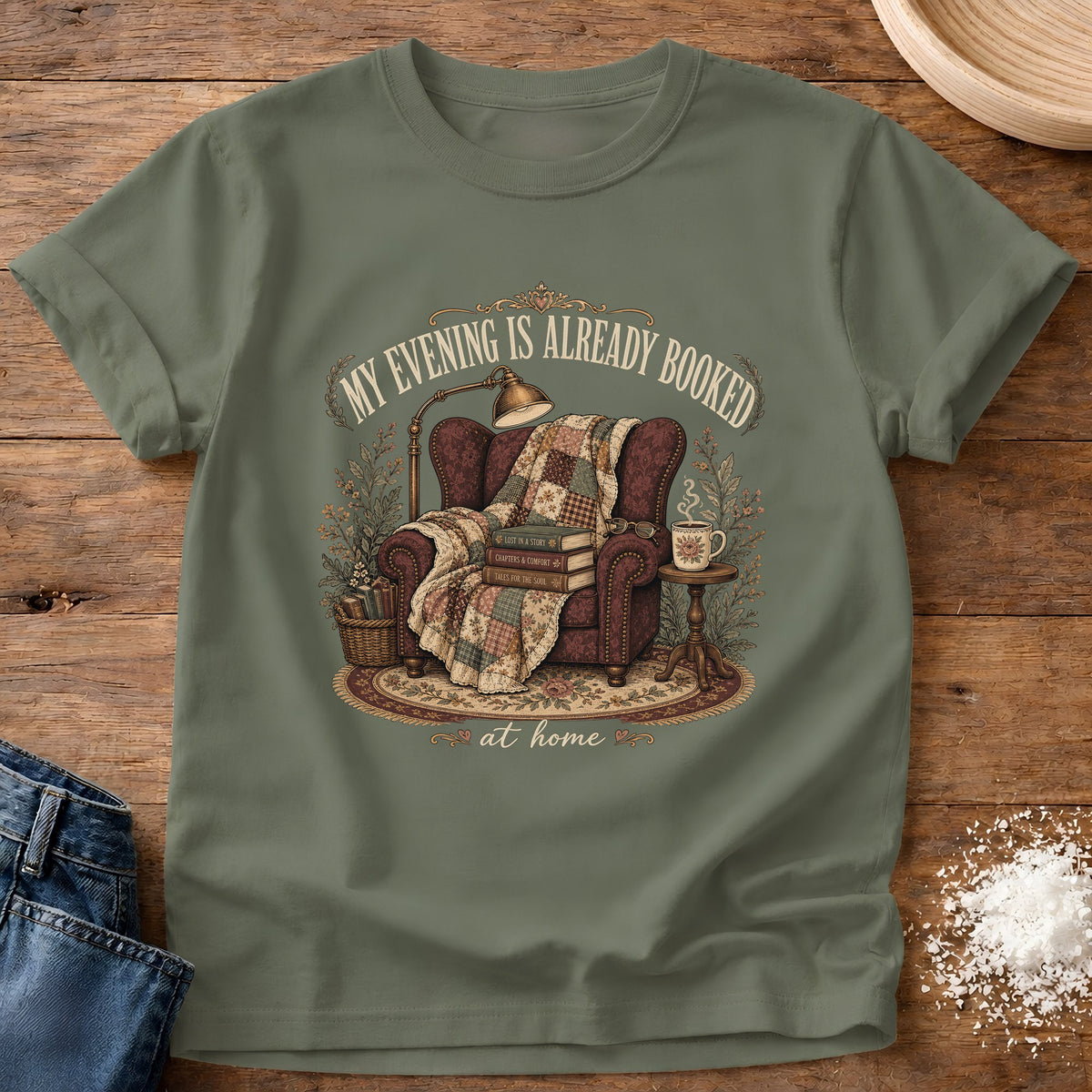 Knead More Fun Booked At Home graphic t-shirt in Moss