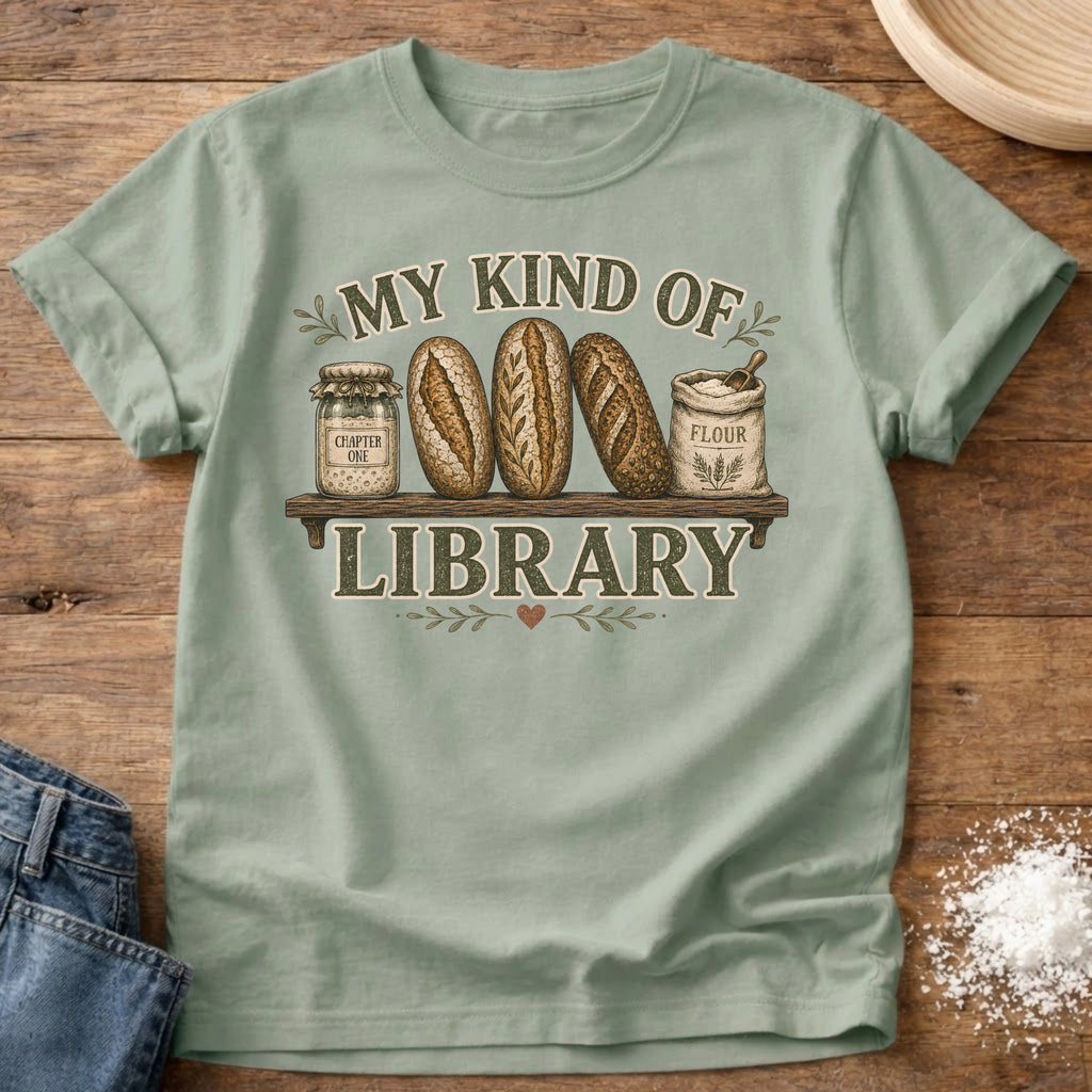 Knead More Fun My Kind of Library sourdough t-shirt in Bay