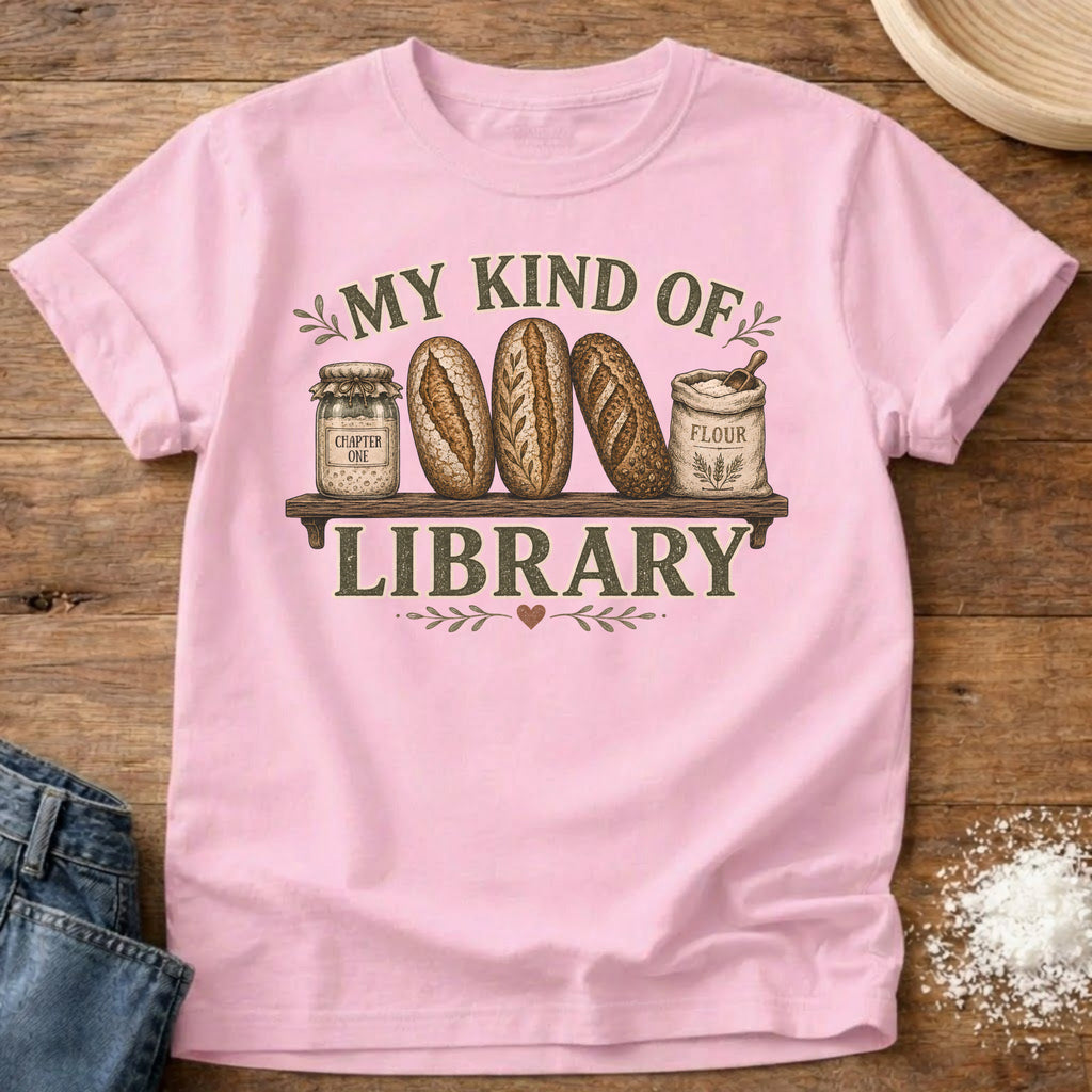 Knead More Fun My Kind of Library sourdough t-shirt in Blossom