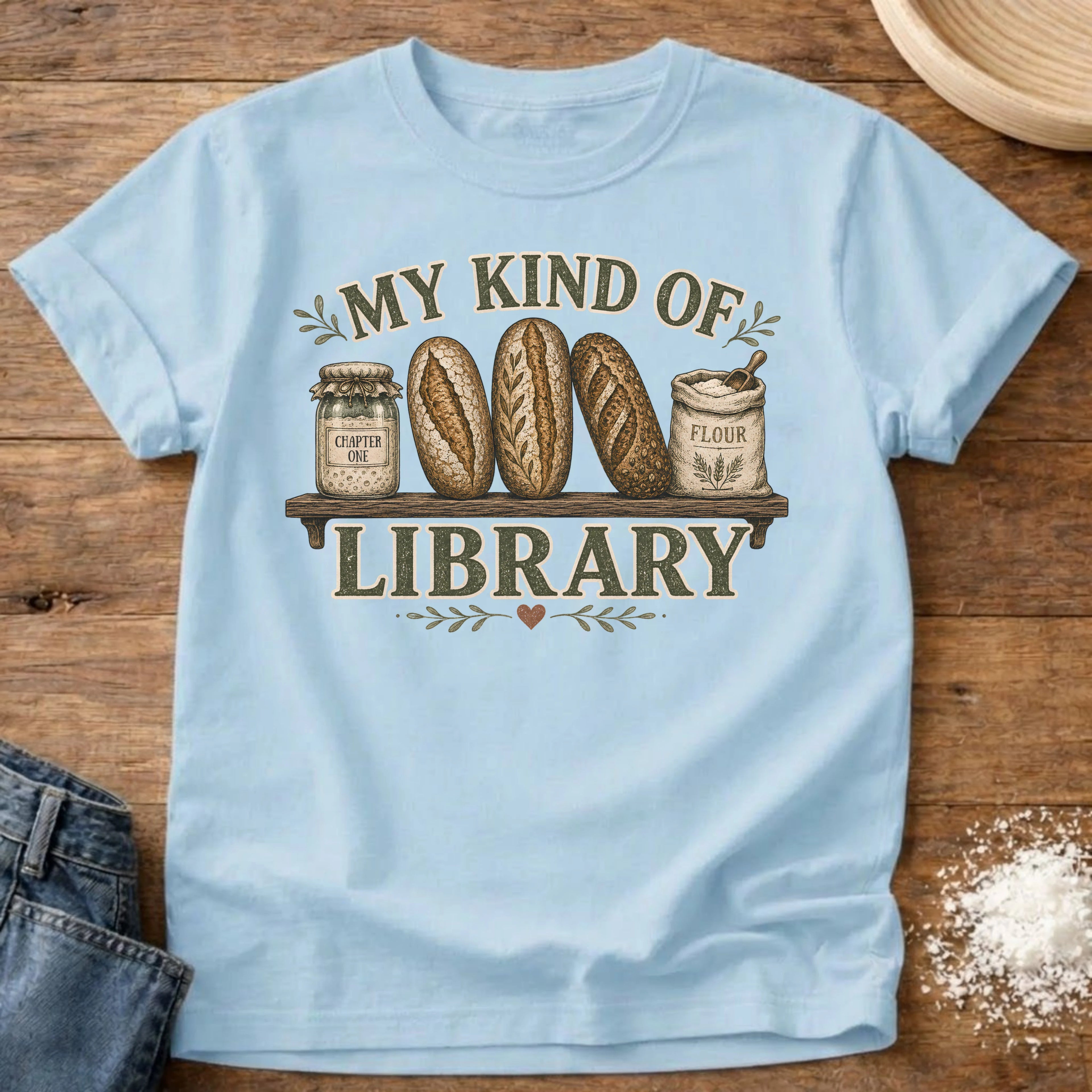 Knead More Fun My Kind of Library sourdough t-shirt in Chambray