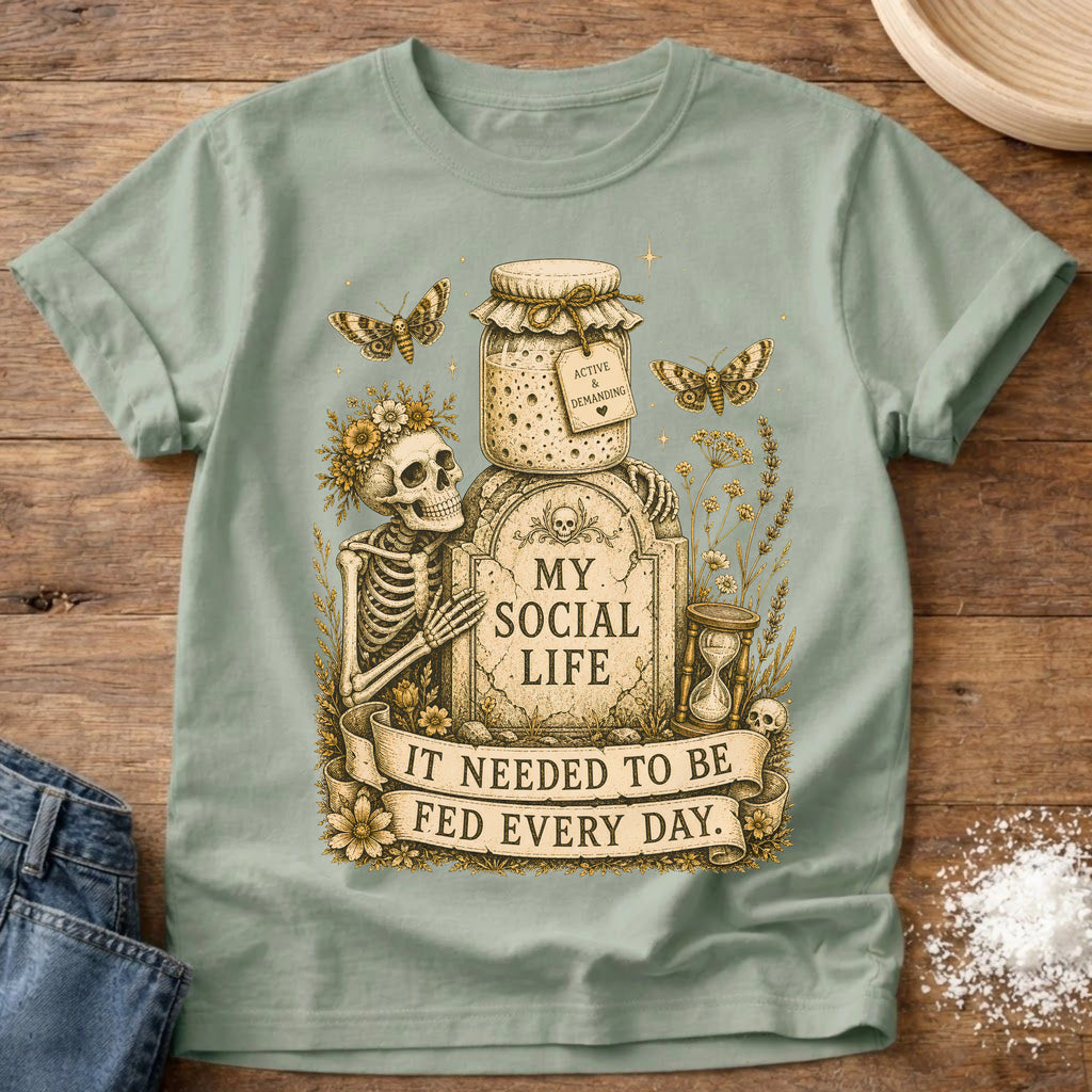 Knead More Fun My Social Life skeleton sourdough t-shirt in Bay