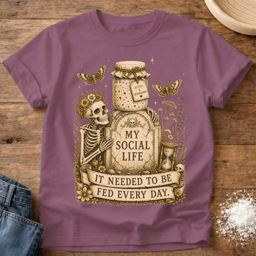 Knead More Fun My Social Life skeleton sourdough t-shirt in Berry