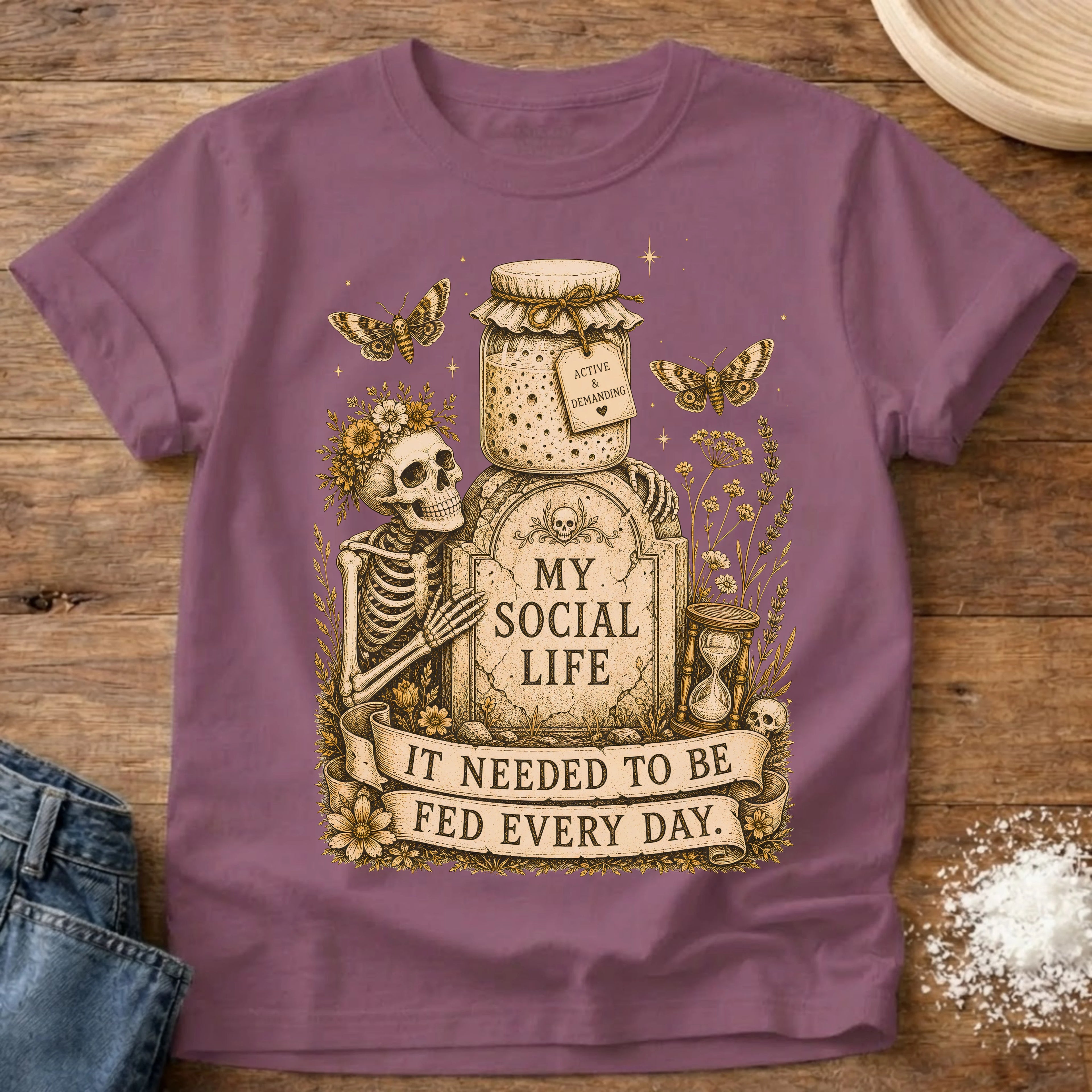 Knead More Fun My Social Life skeleton sourdough t-shirt in Berry