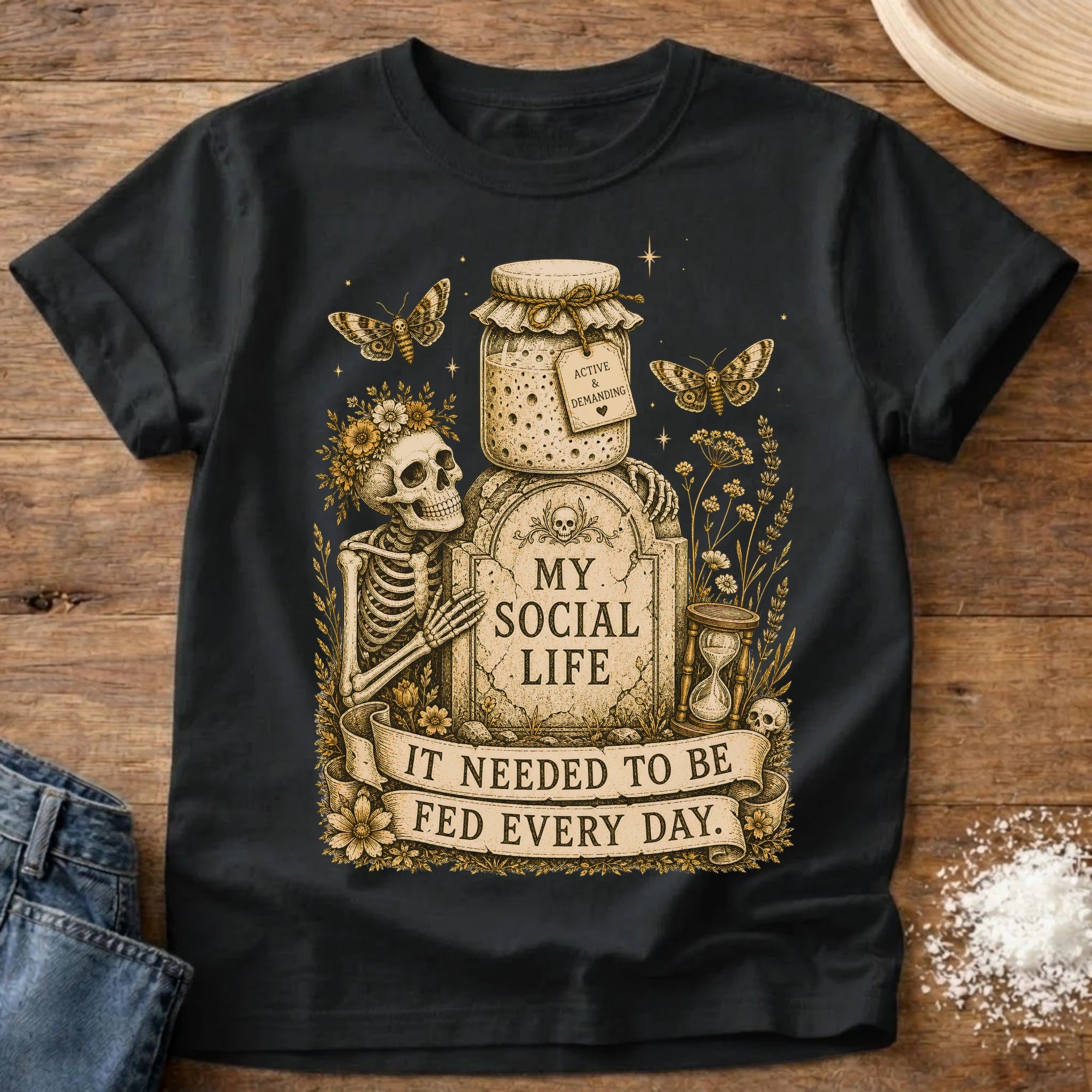 Knead More Fun My Social Life skeleton sourdough t-shirt in Black
