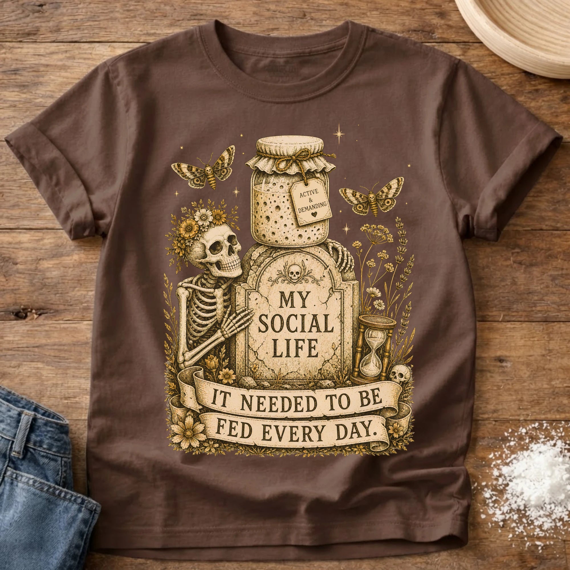 Knead More Fun My Social Life skeleton sourdough t-shirt in Espresso