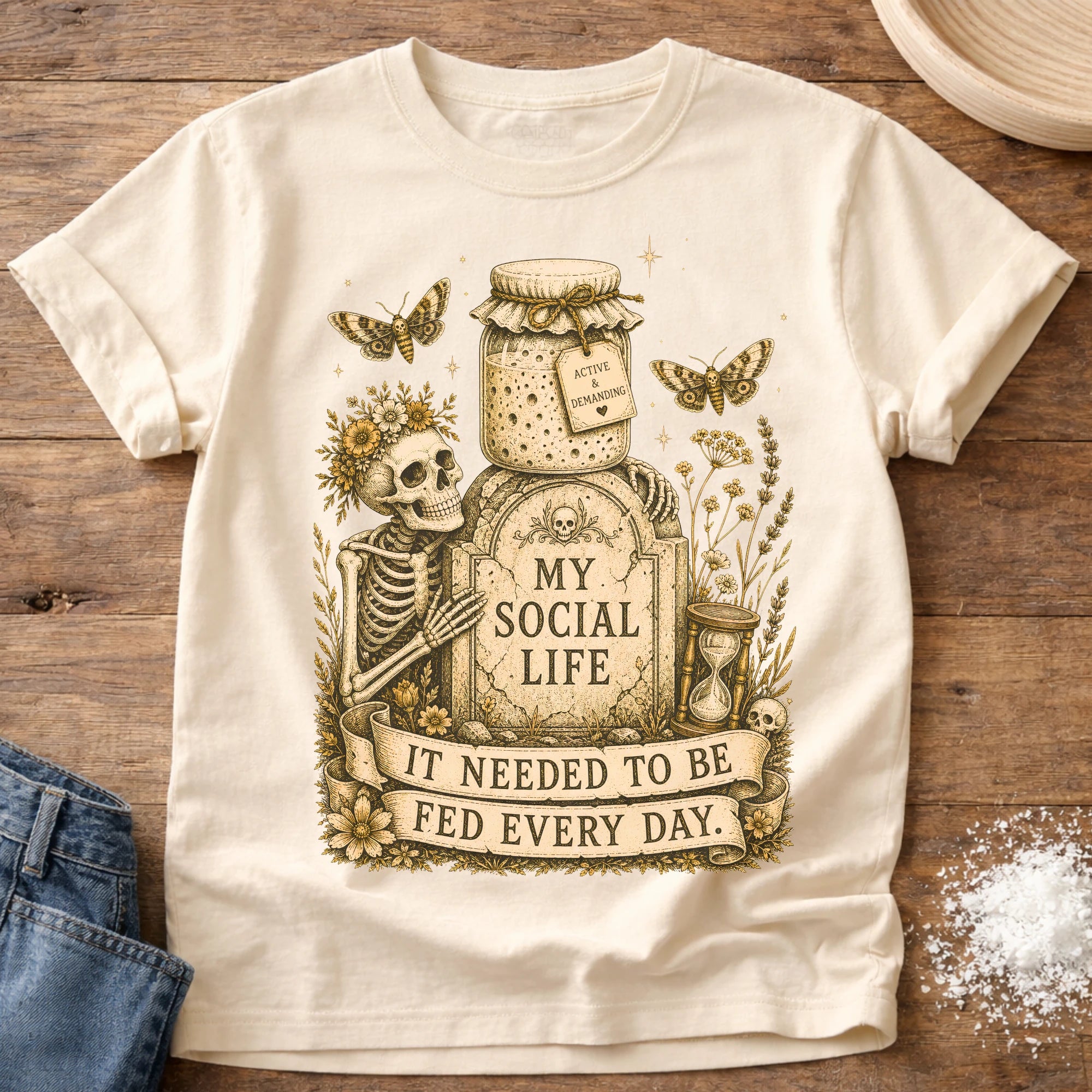Knead More Fun My Social Life skeleton sourdough t-shirt in Ivory