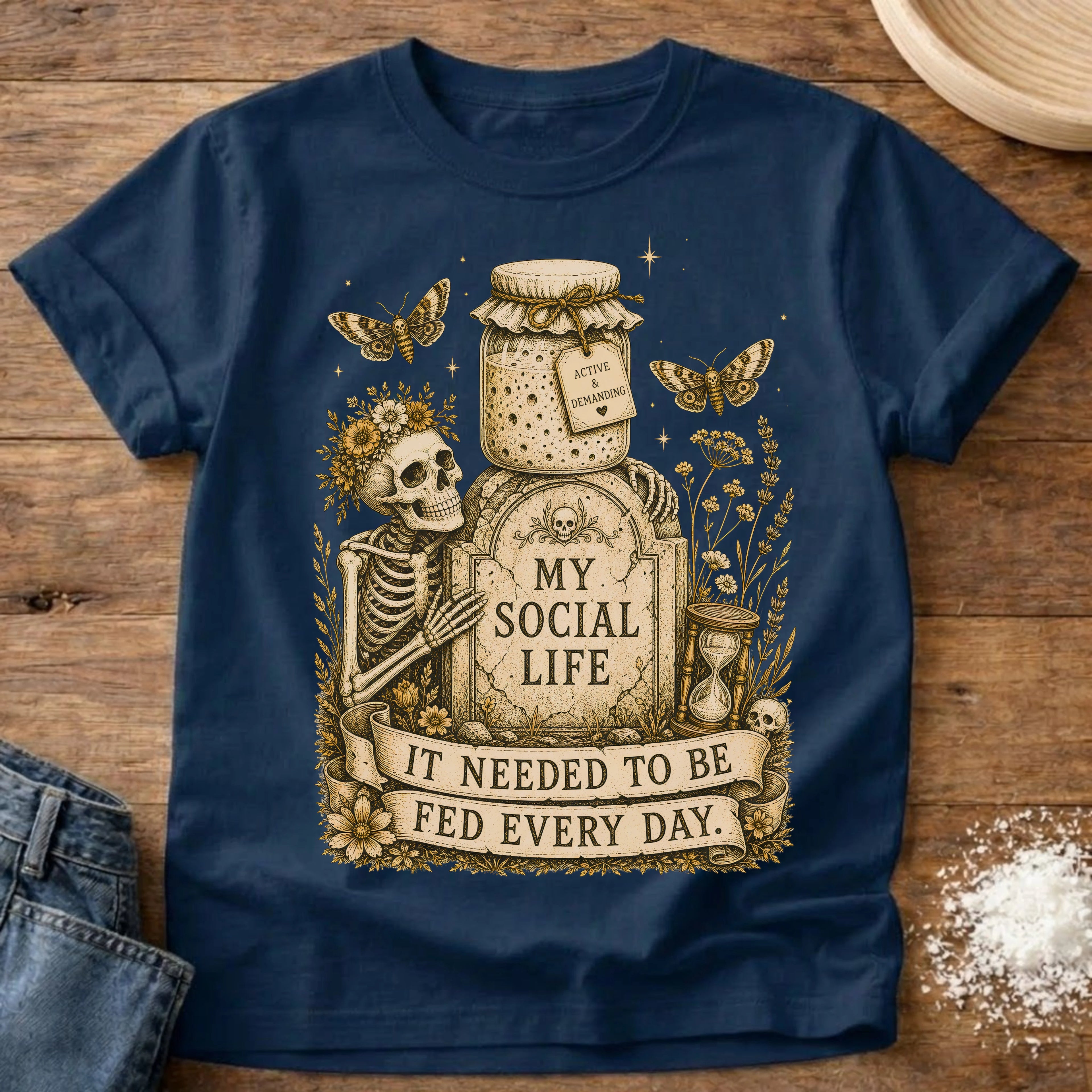 Knead More Fun My Social Life skeleton sourdough t-shirt in Navy