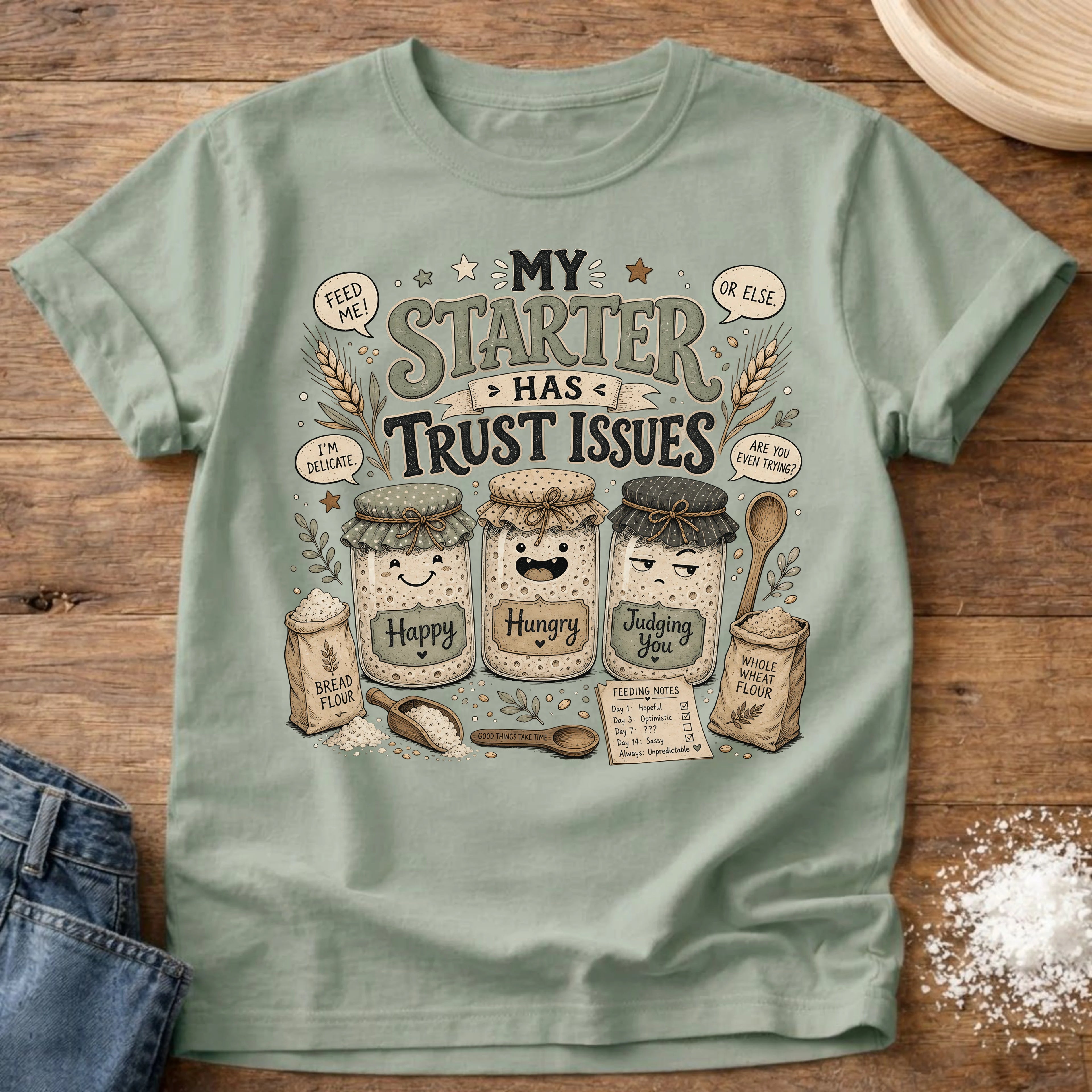 Knead More Fun My Starter Has Trust Issues sourdough t-shirt in Bay