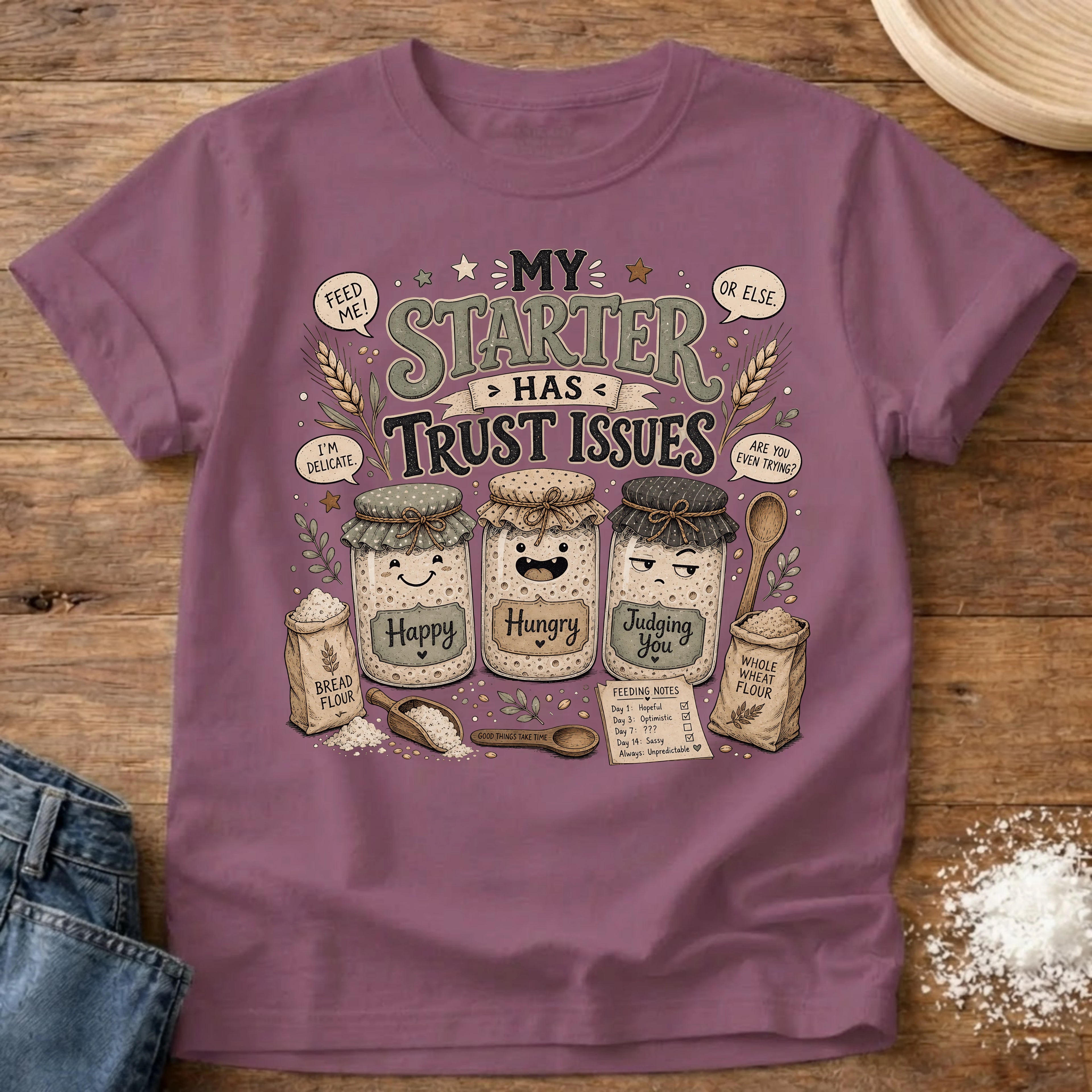 Knead More Fun My Starter Has Trust Issues sourdough t-shirt in Berry