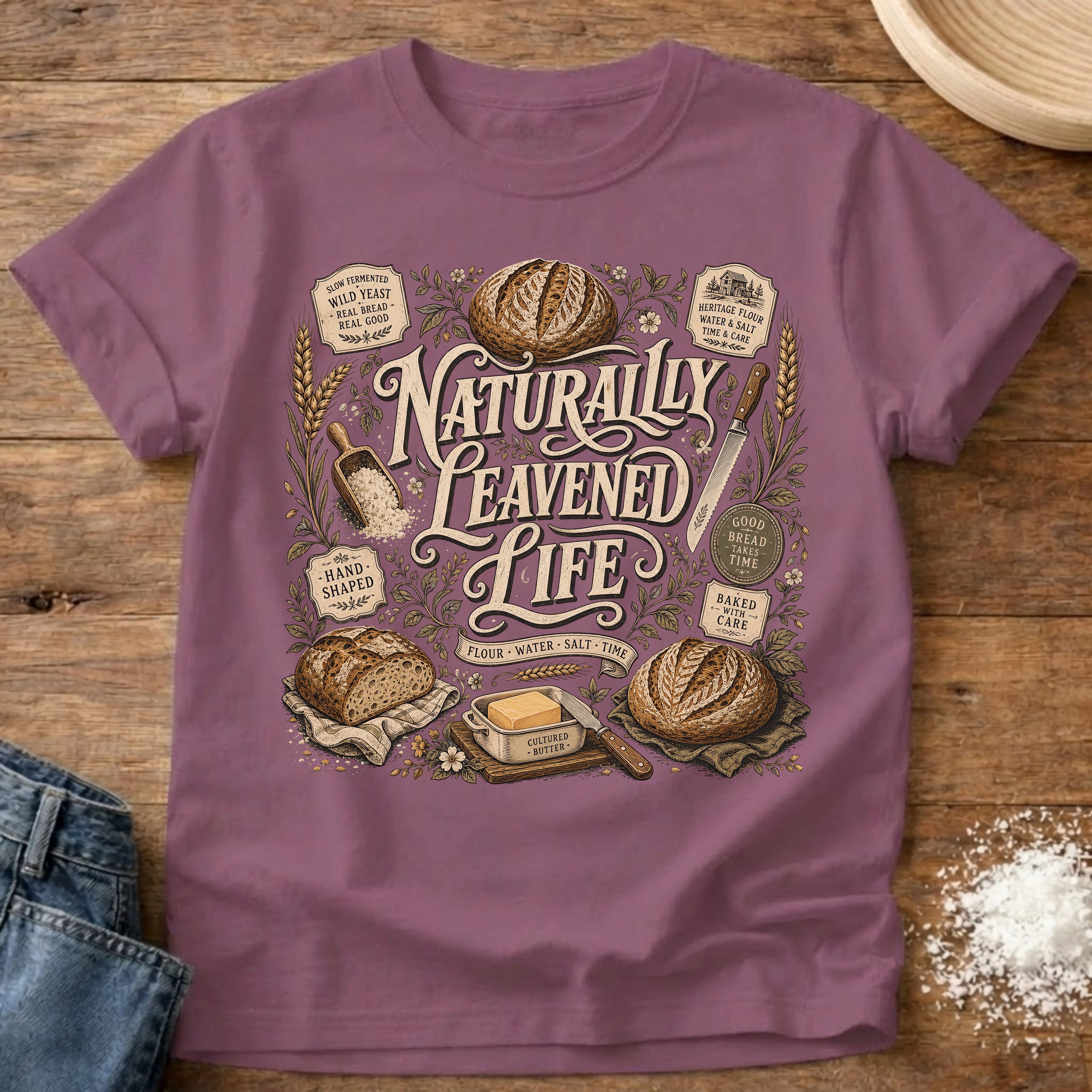Knead More Fun Naturally Leavened Life sourdough t-shirt in Berry