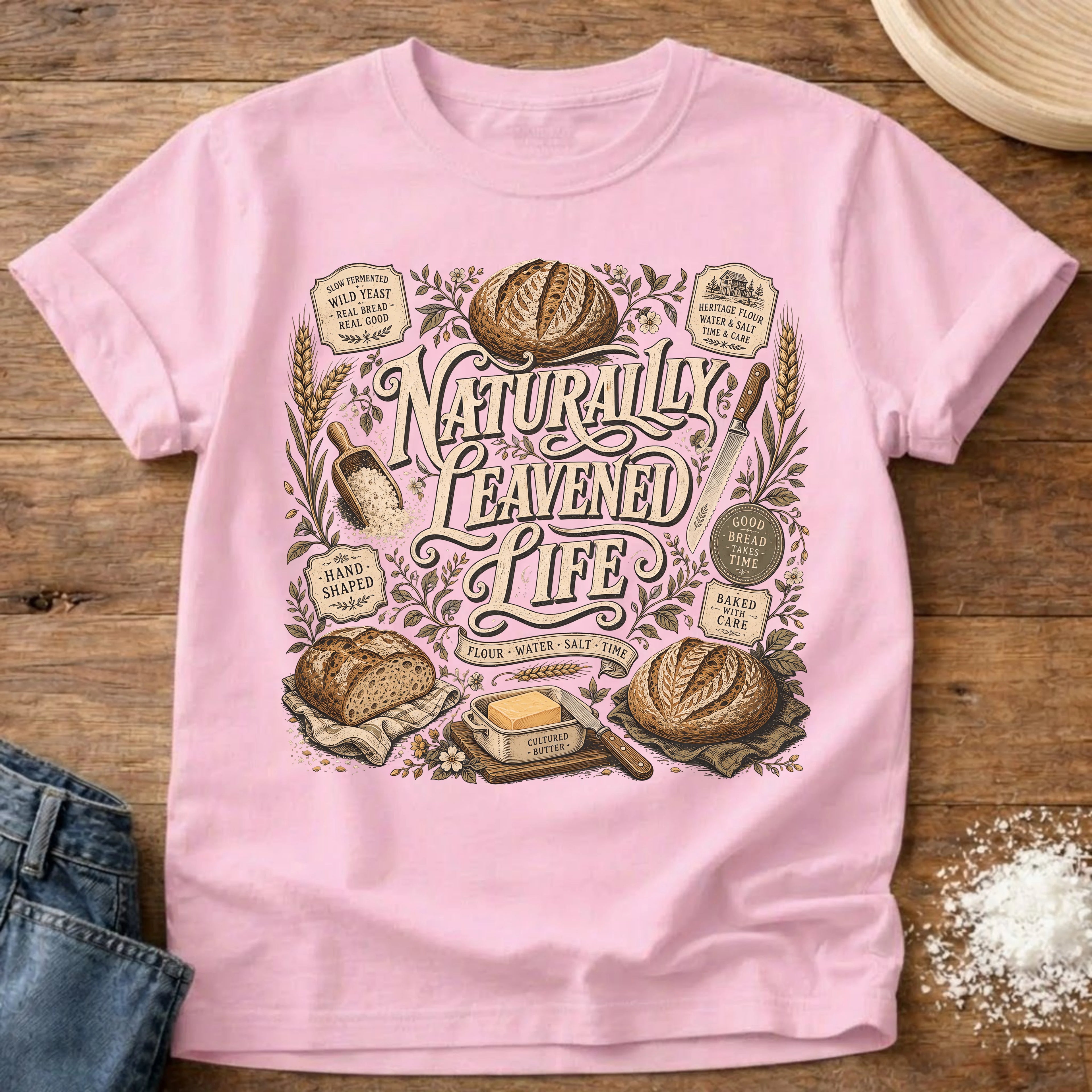 Knead More Fun Naturally Leavened Life sourdough t-shirt in Blossom