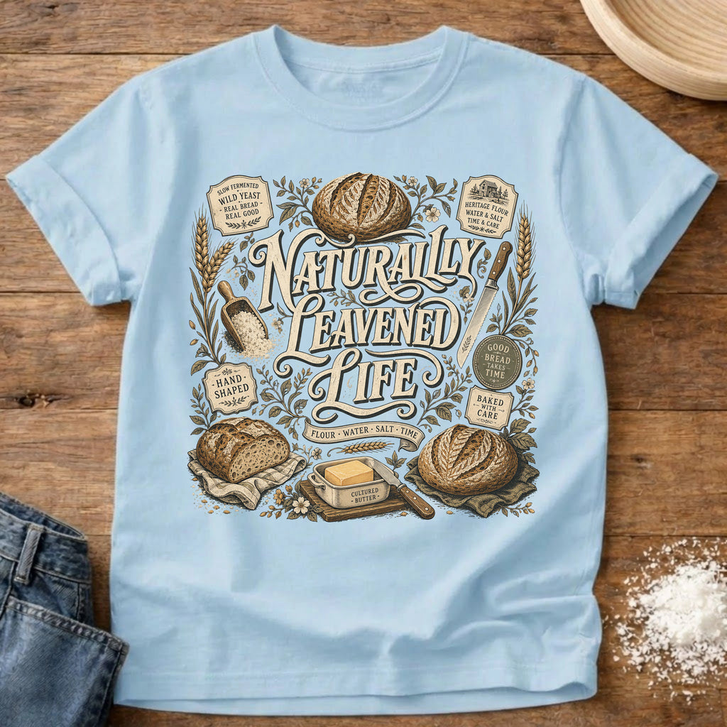 Knead More Fun Naturally Leavened Life sourdough t-shirt in Chambray
