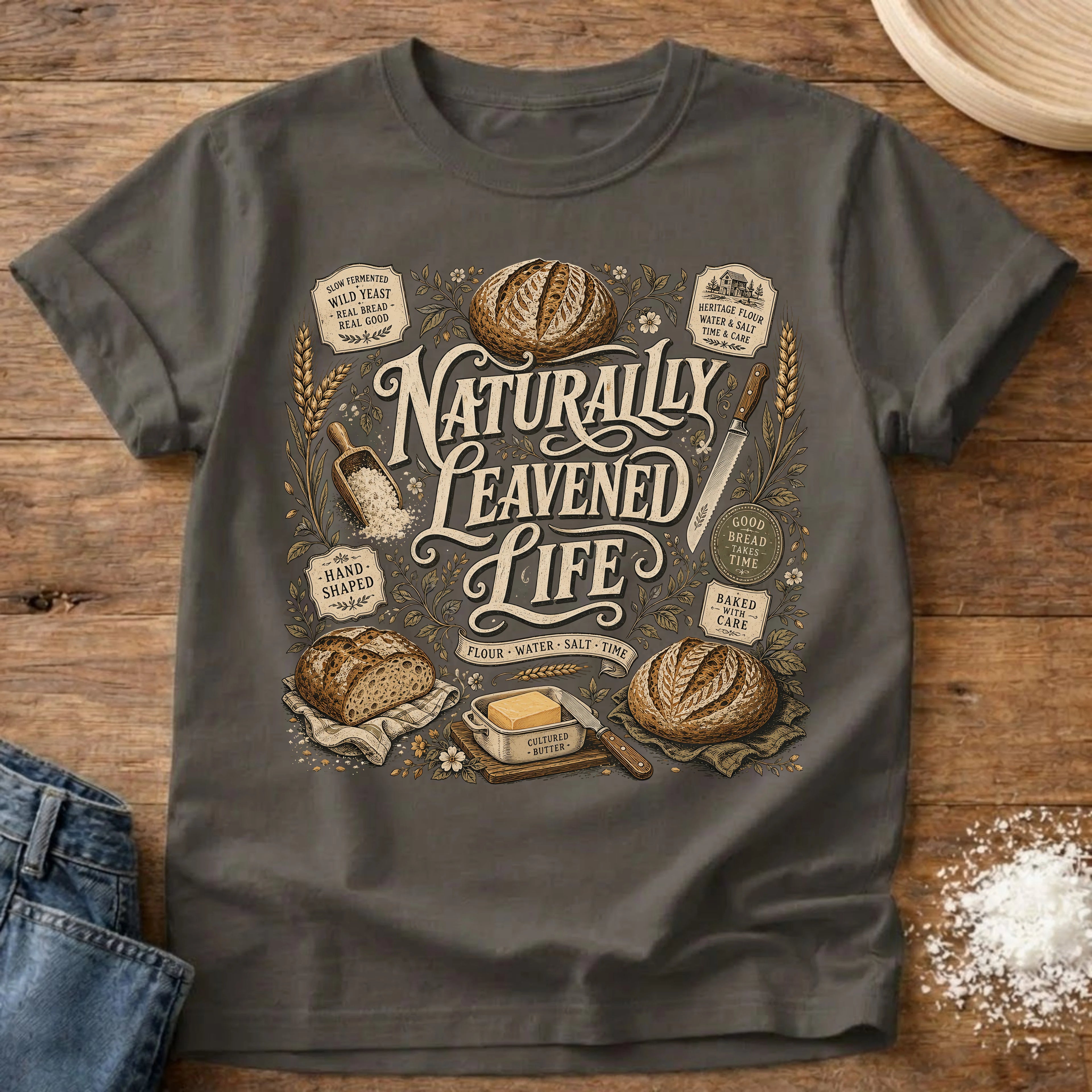 Knead More Fun Naturally Leavened Life sourdough t-shirt in Pepper