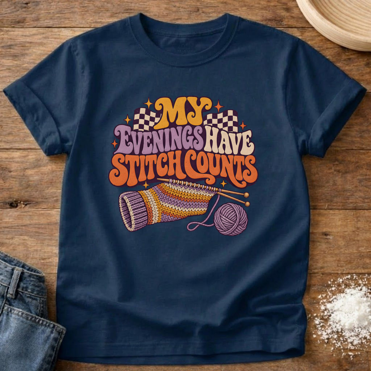 Knead More Fun Stitch Count Evenings graphic t-shirt in Navy