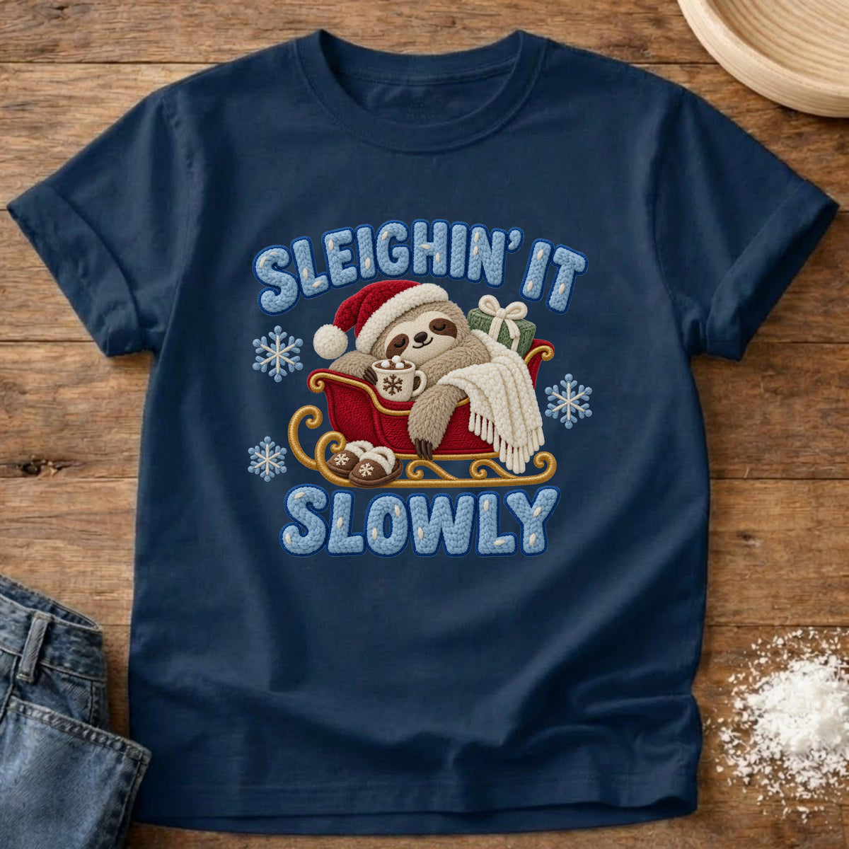 Knead More Fun Sleighin It Sloth graphic t-shirt in Navy