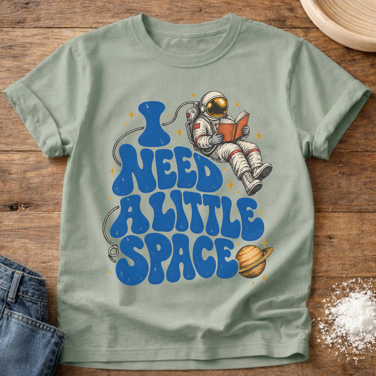 Knead More Fun Need Little Space astronaut reading t-shirt in Bay
