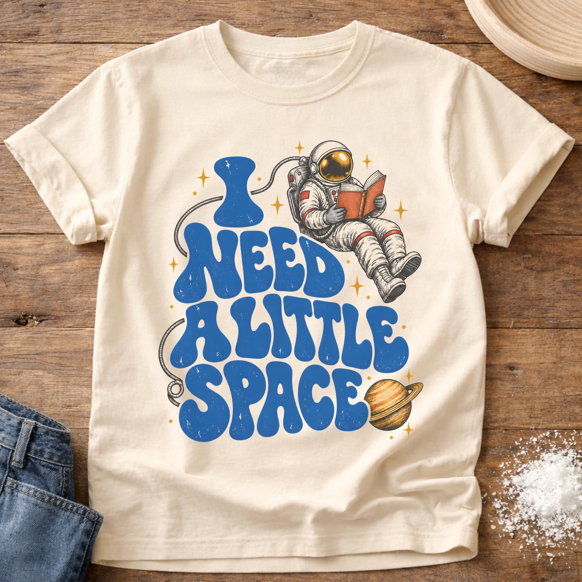 Knead More Fun Need Little Space astronaut reading t-shirt in Ivory