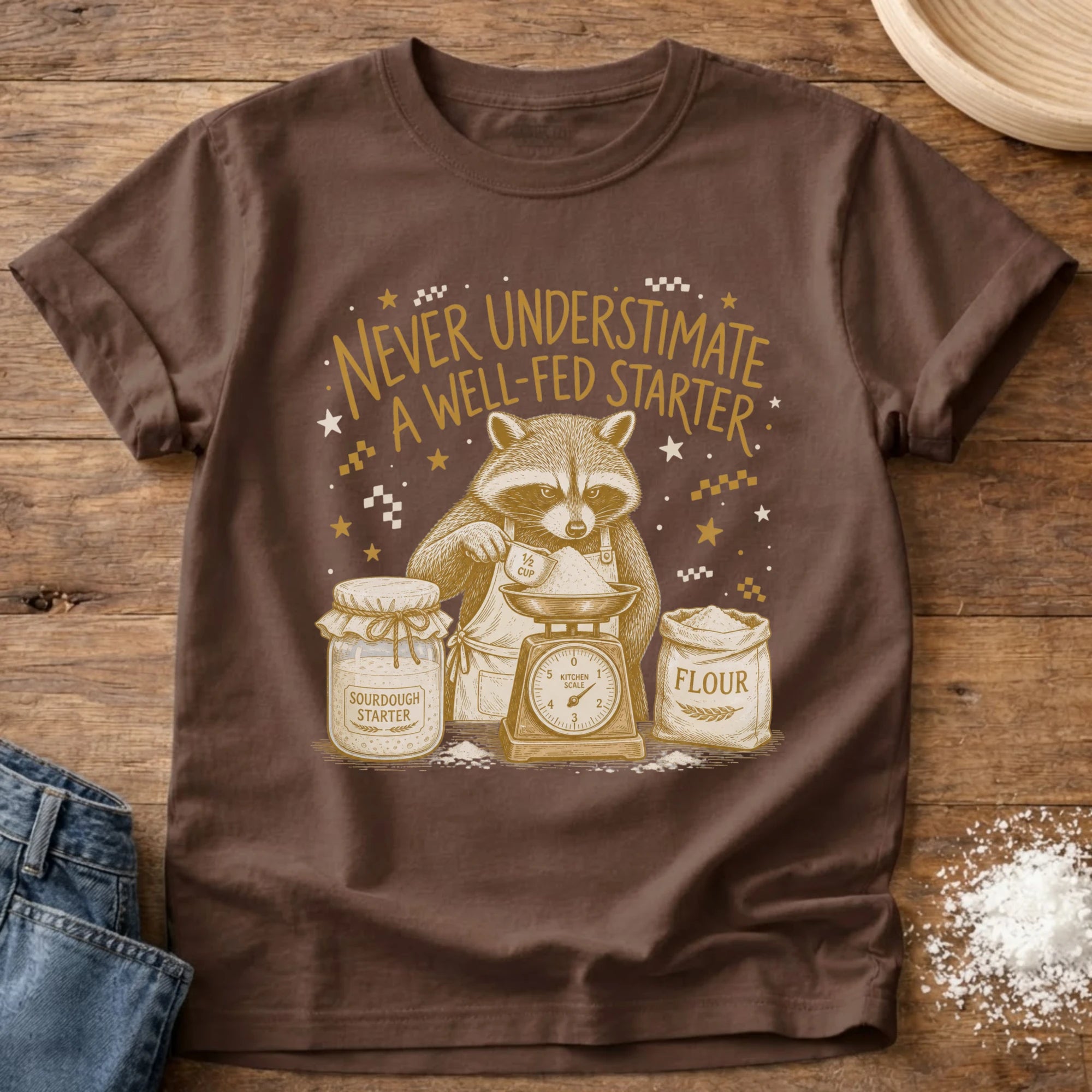 Knead More Fun Never Underestimate Starter Raccoon sourdough t-shirt in Espresso