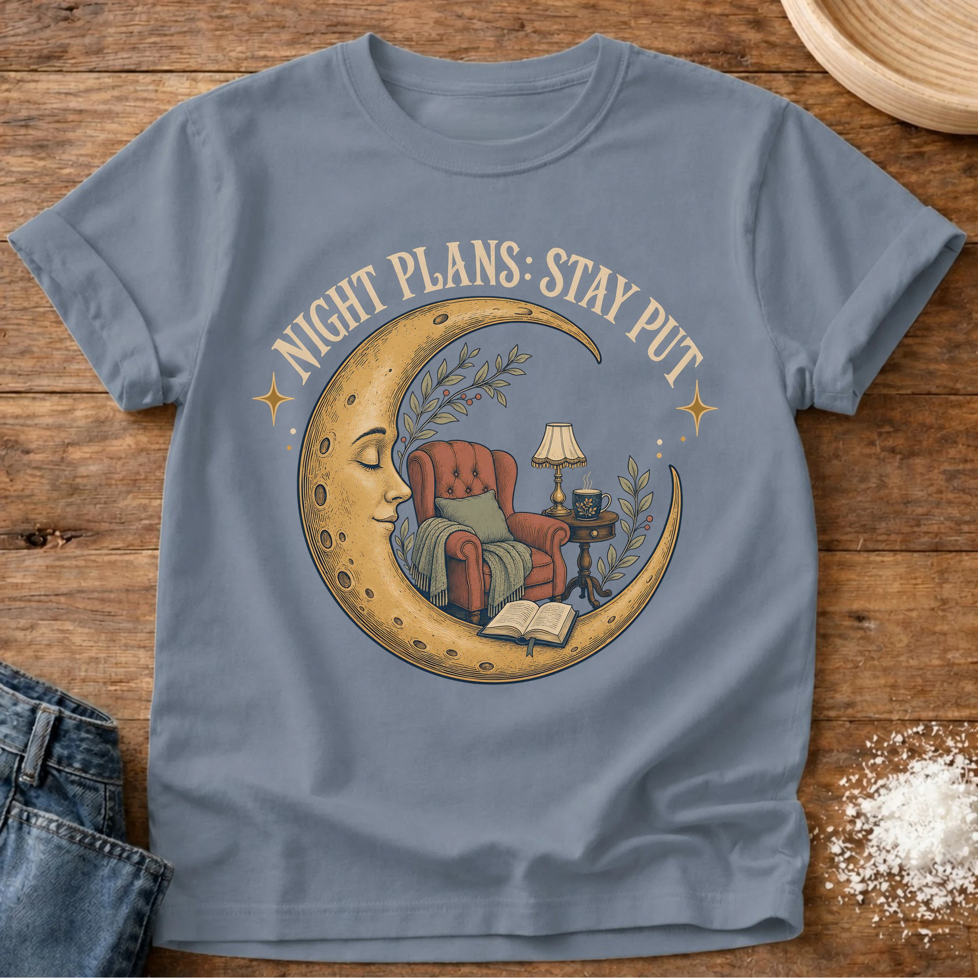 Knead More Fun Night Plans Stay Put cozy t-shirt in Blue Jean