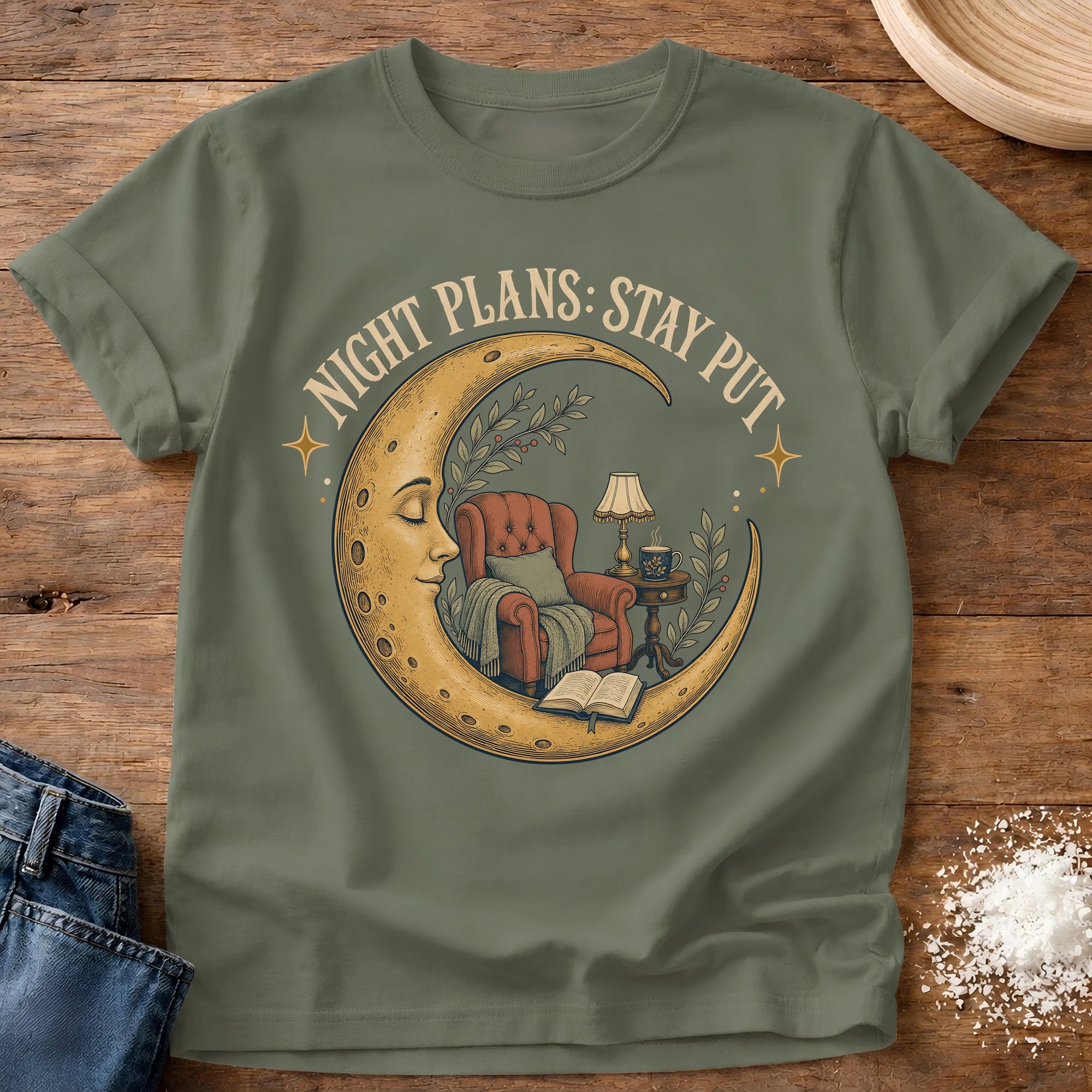 Knead More Fun Night Plans Stay Put cozy t-shirt in Moss