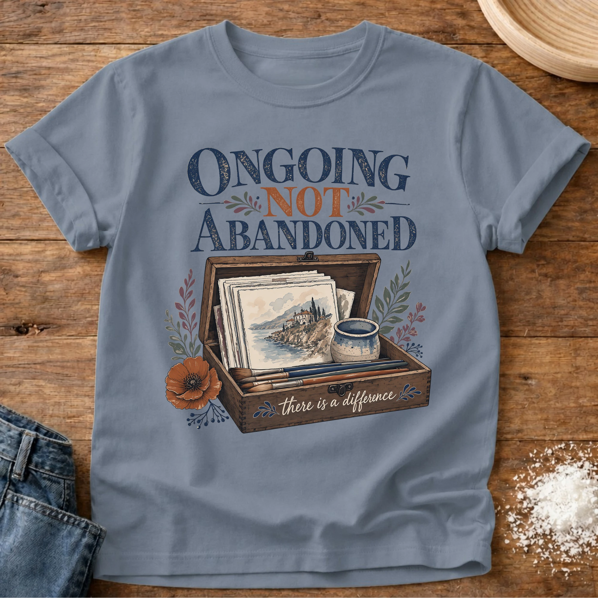 Knead More Fun Ongoing Not Abandoned crafter t-shirt in Blue Jean
