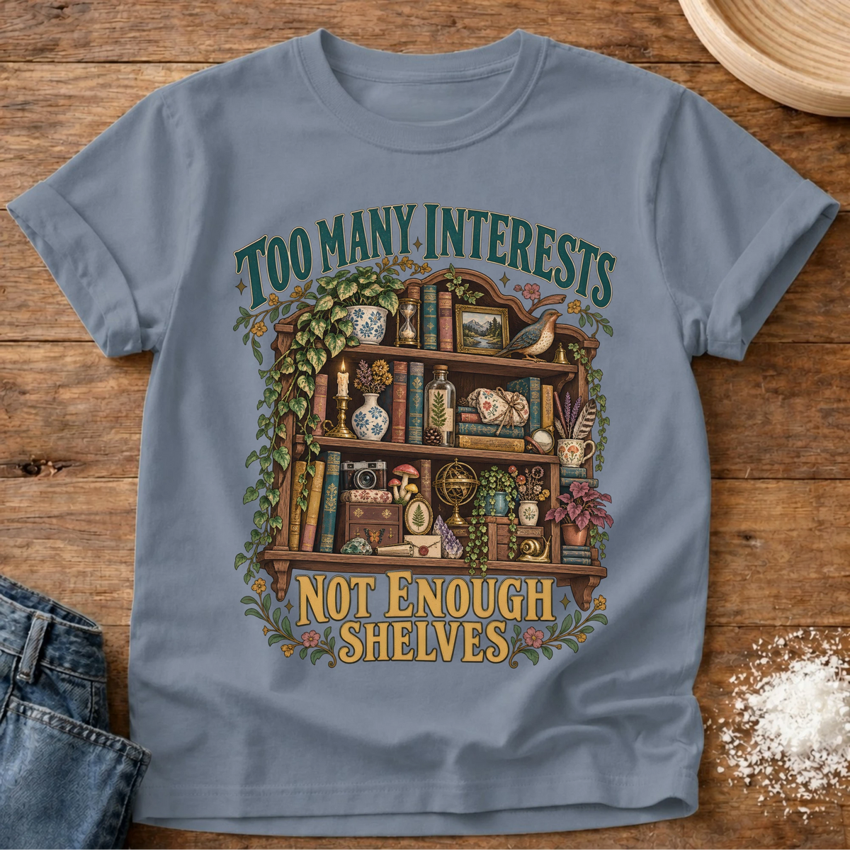Knead More Fun Not Enough Shelves grannycore t-shirt in Blue Jean
