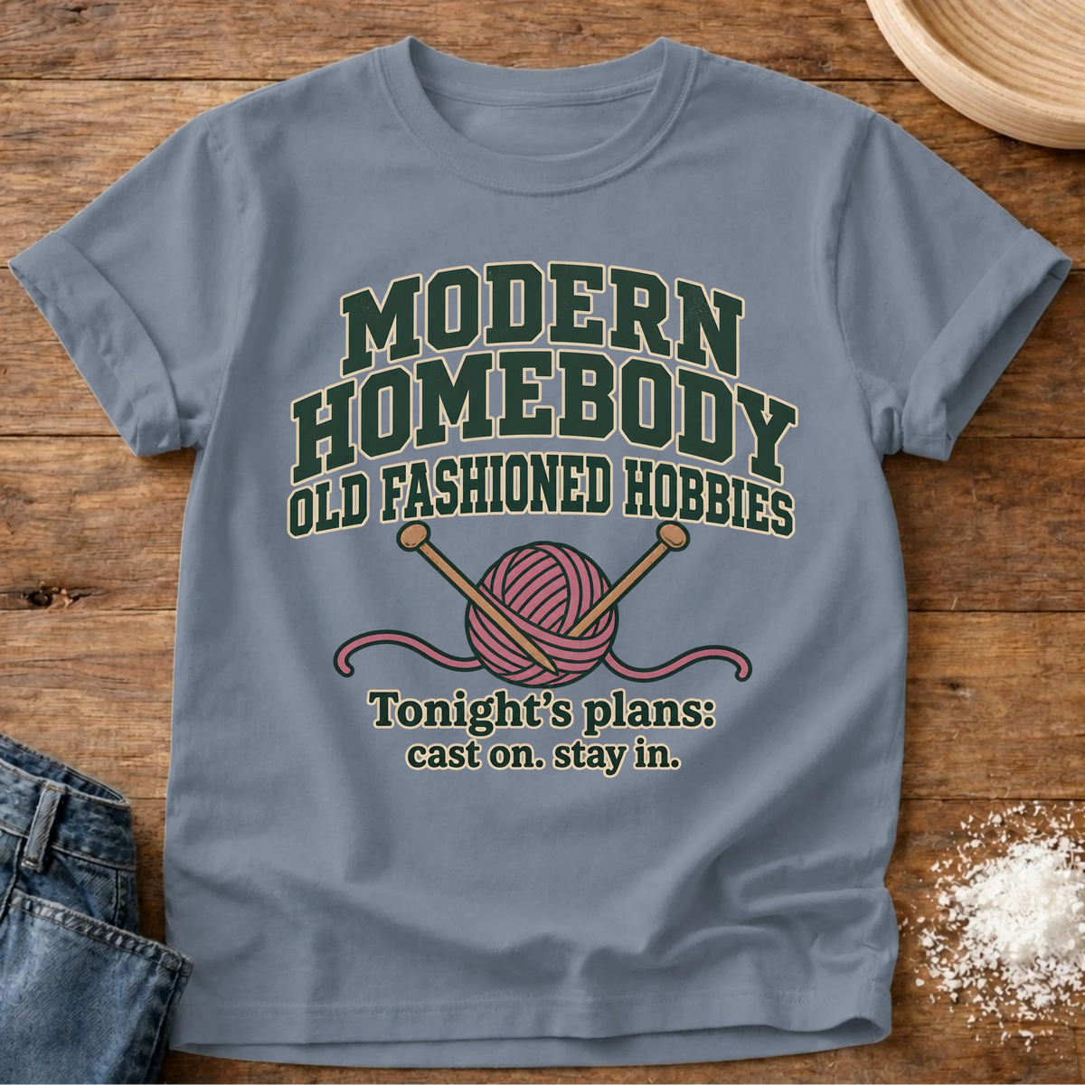 Knead More Fun Old Fashioned Hobbies knitting t-shirt in Blue Jean