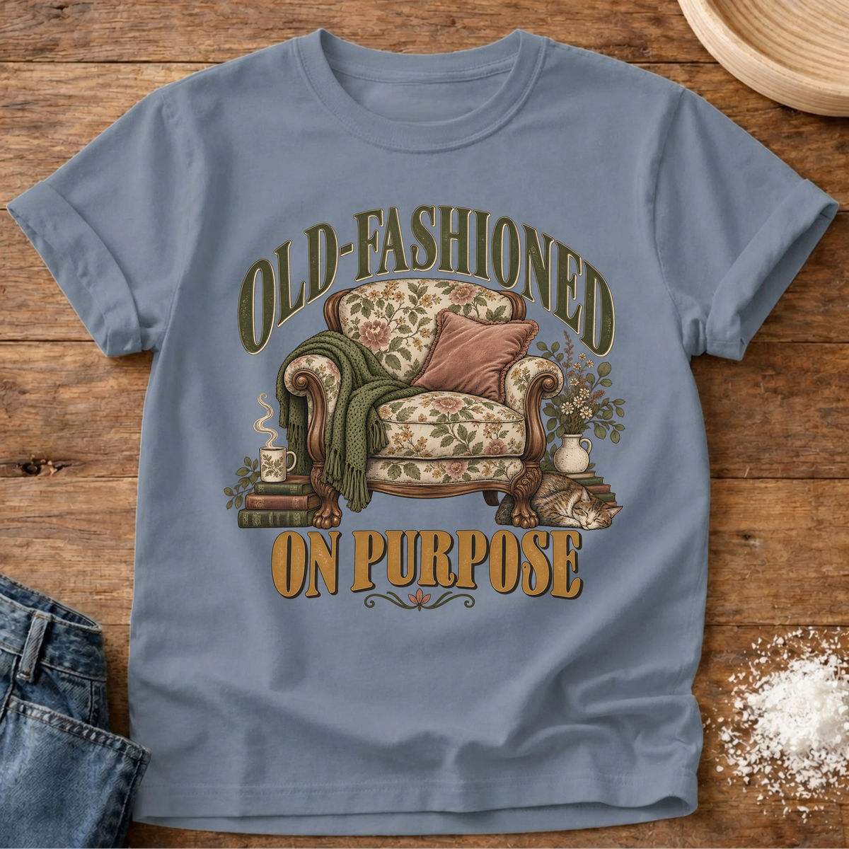 Knead More Fun Old-Fashioned On Purpose grannycore t-shirt in Blue Jean