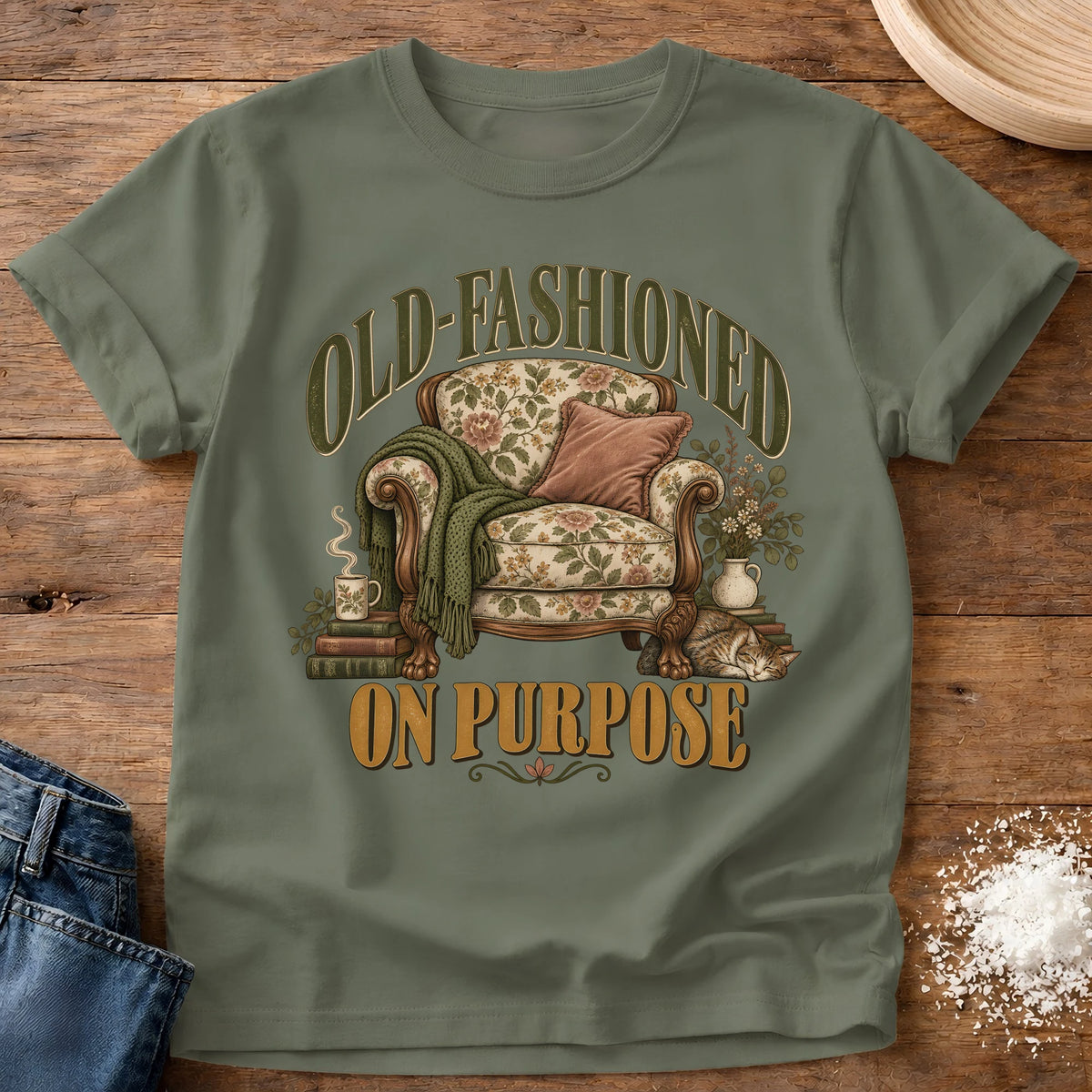 Knead More Fun Old-Fashioned On Purpose grannycore t-shirt in Moss