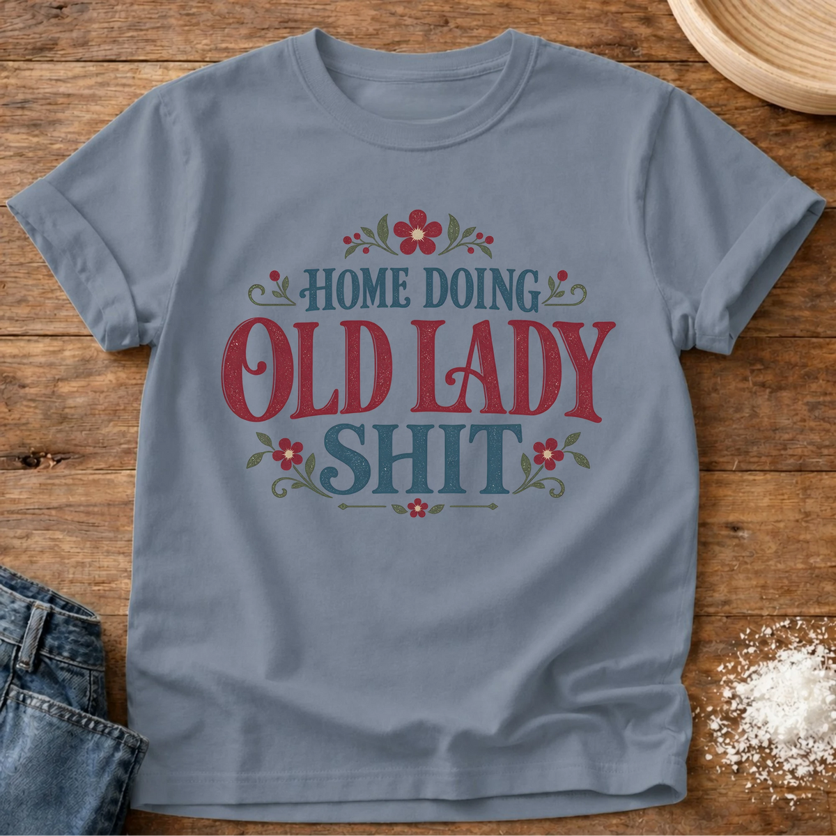 Knead More Fun Old Lady Shit t-shirt in Blue Jean