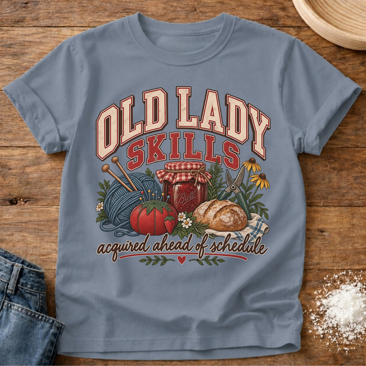Knead More Fun Old Lady Skills knitting and preserving t-shirt in Blue Jean