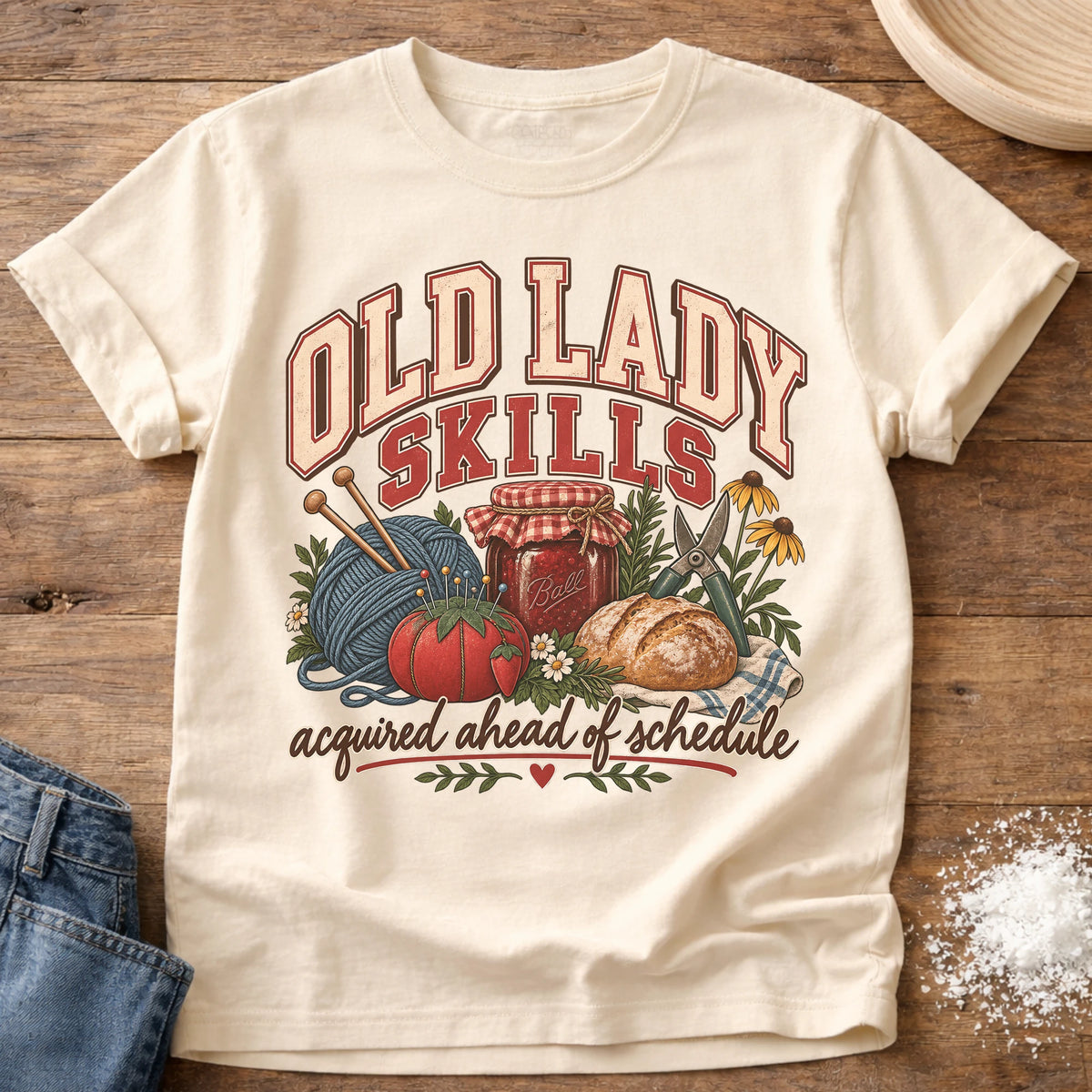 Knead More Fun Old Lady Skills knitting and preserving t-shirt in Ivory