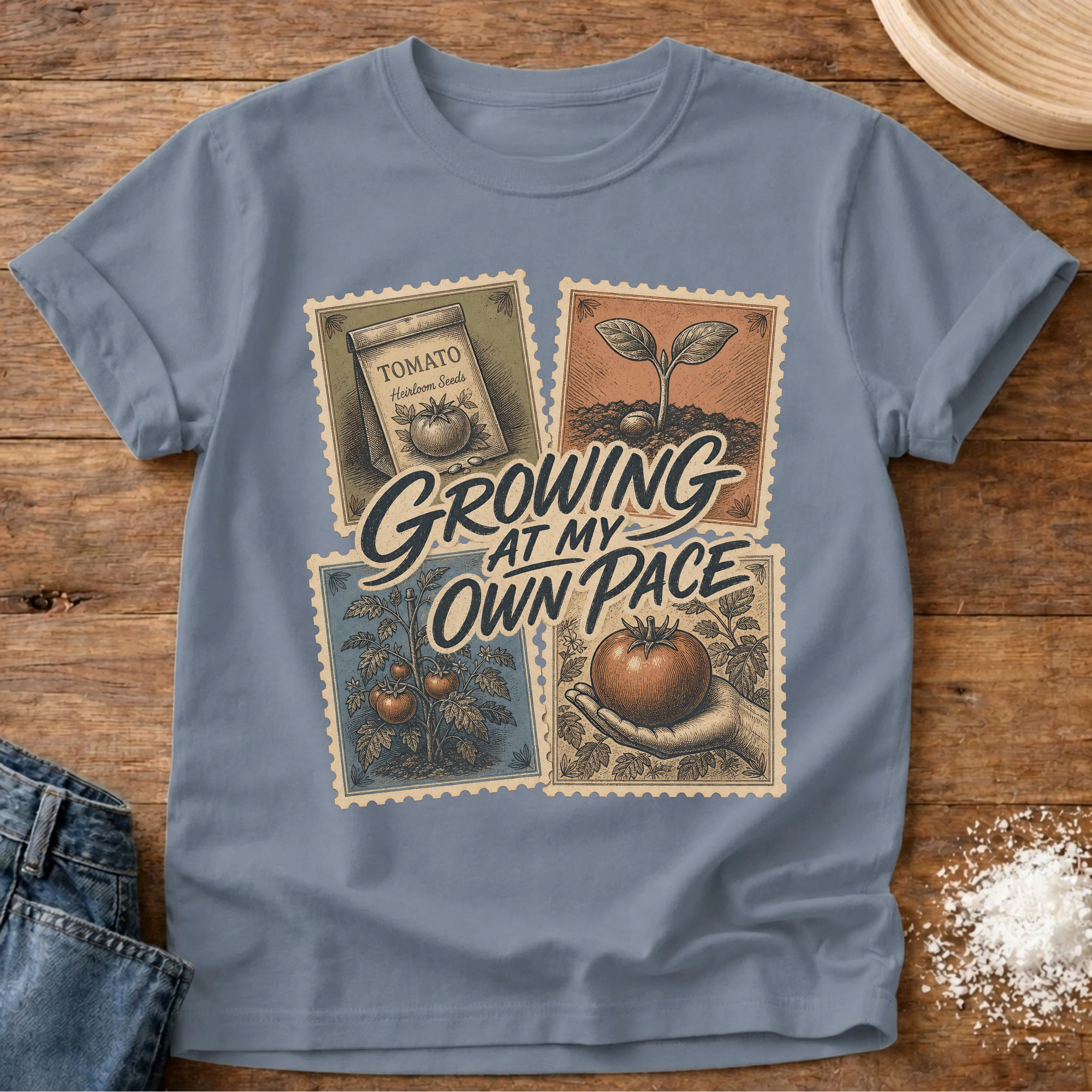 Knead More Fun Growing At My Own Pace garden t-shirt in Blue Jean