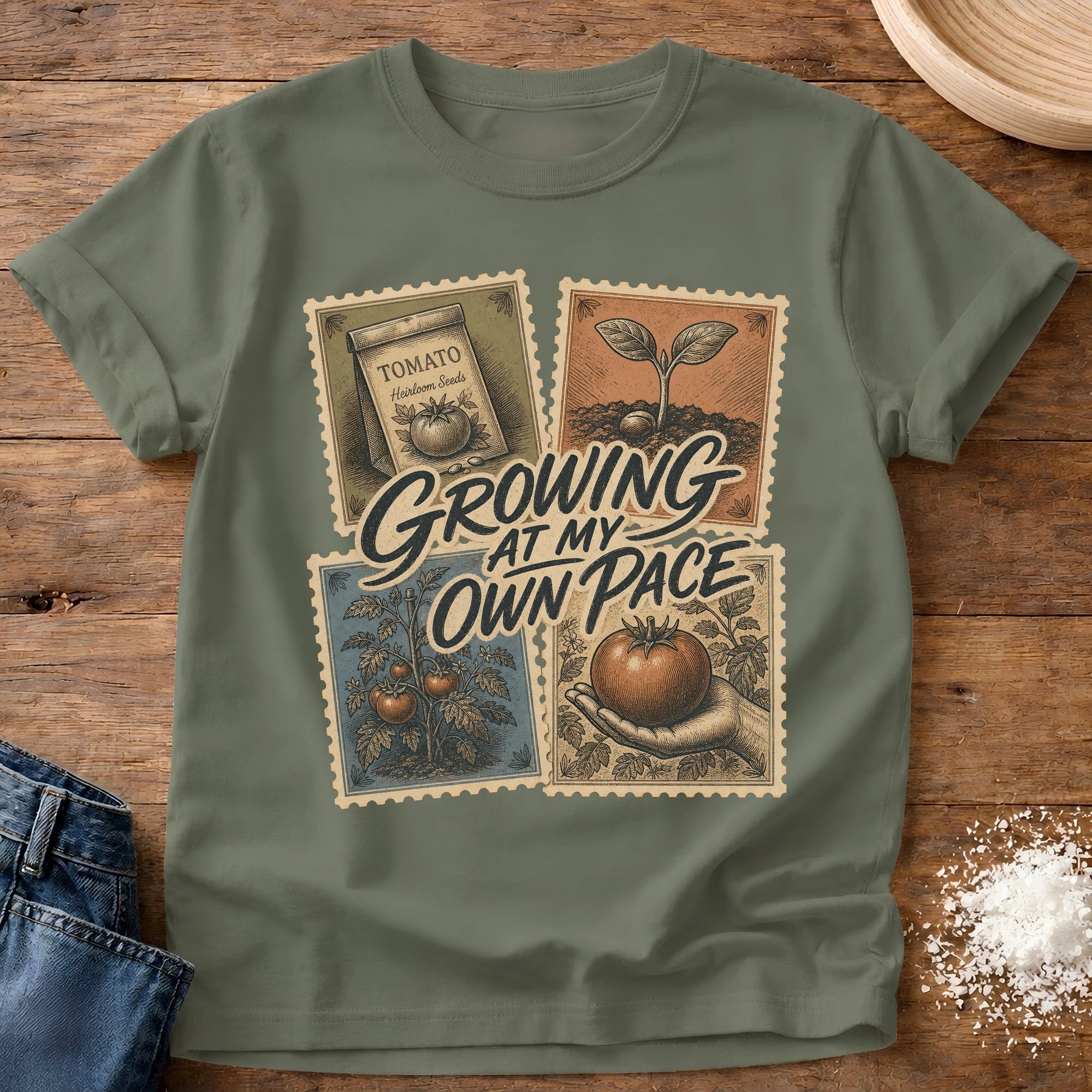Knead More Fun Growing At My Own Pace garden t-shirt in Moss