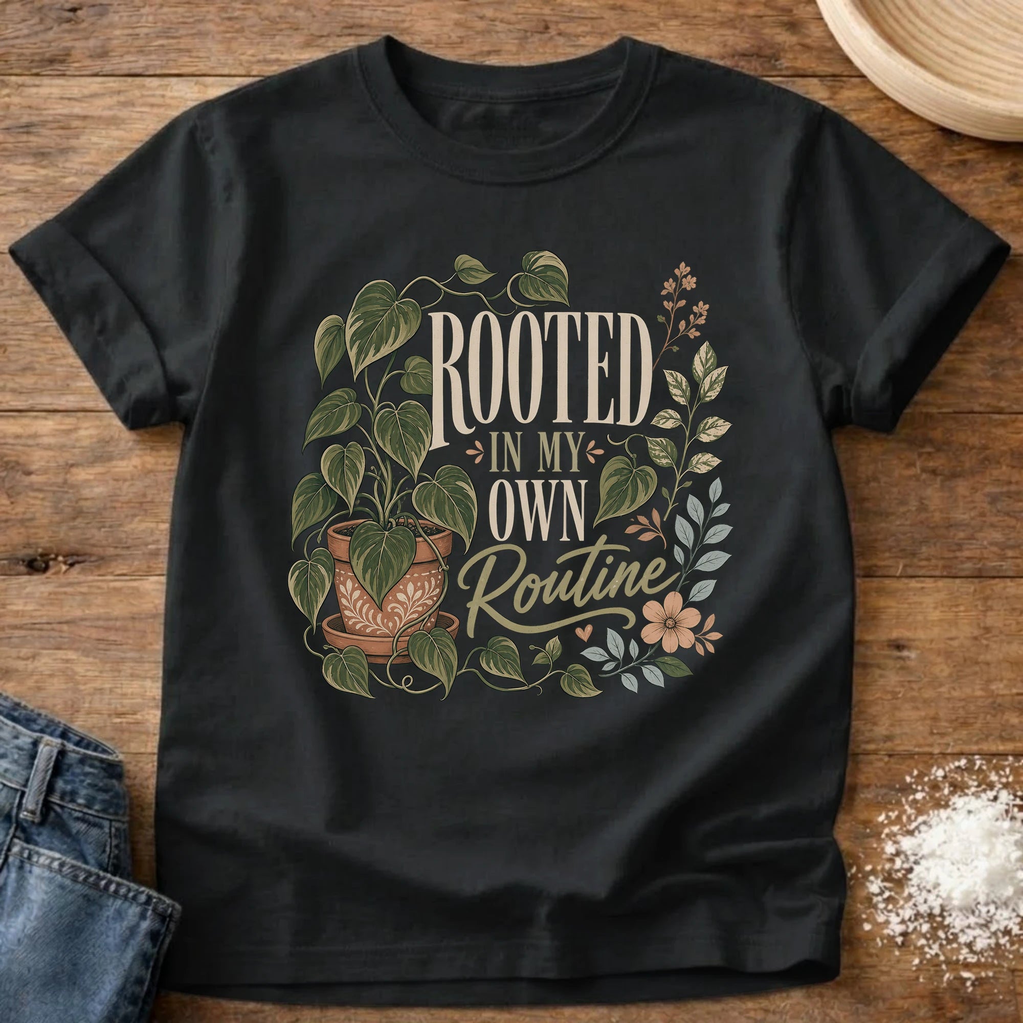 Knead More Fun Rooted In My Own Routine plant t-shirt in Black