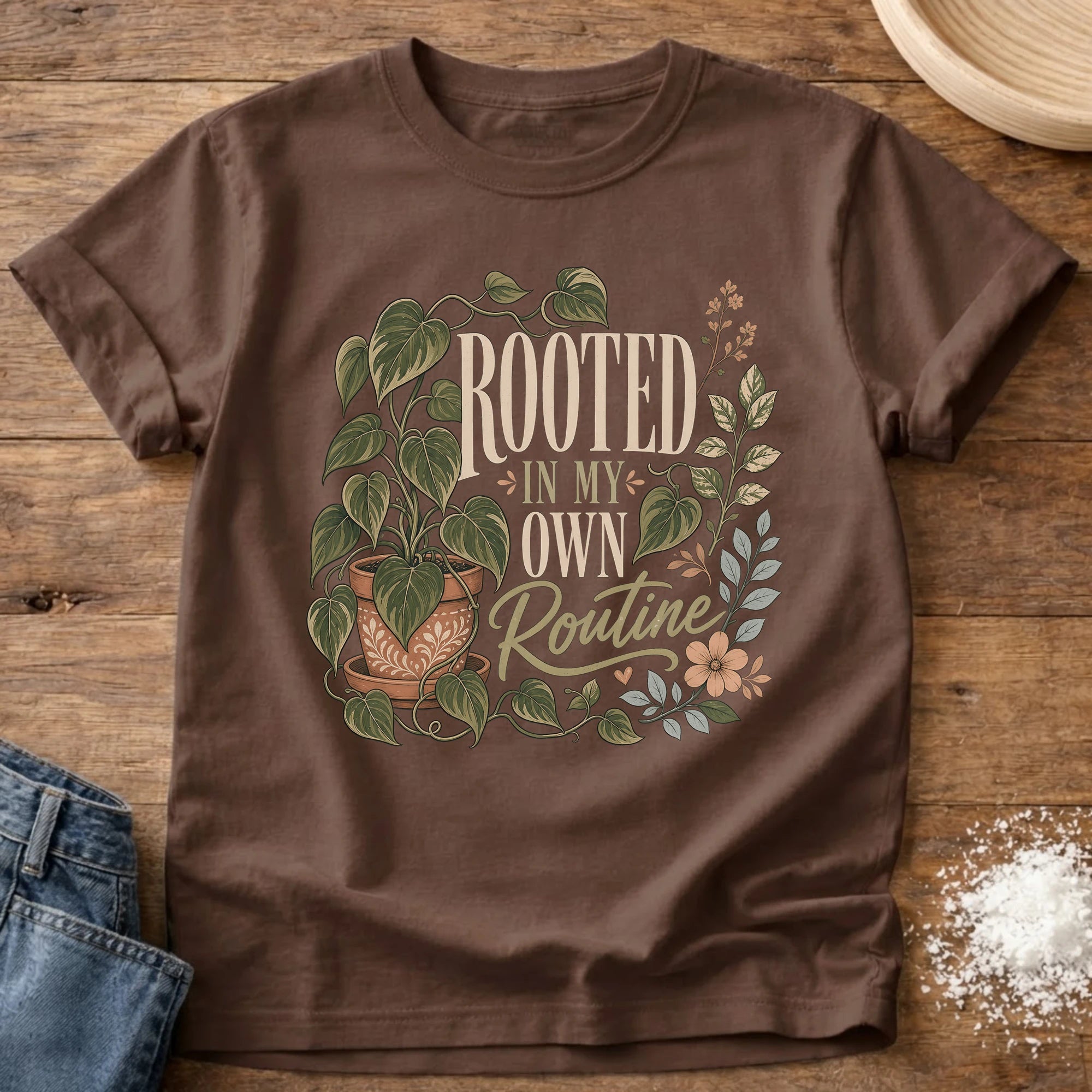 Knead More Fun Rooted In My Own Routine plant t-shirt in Espresso