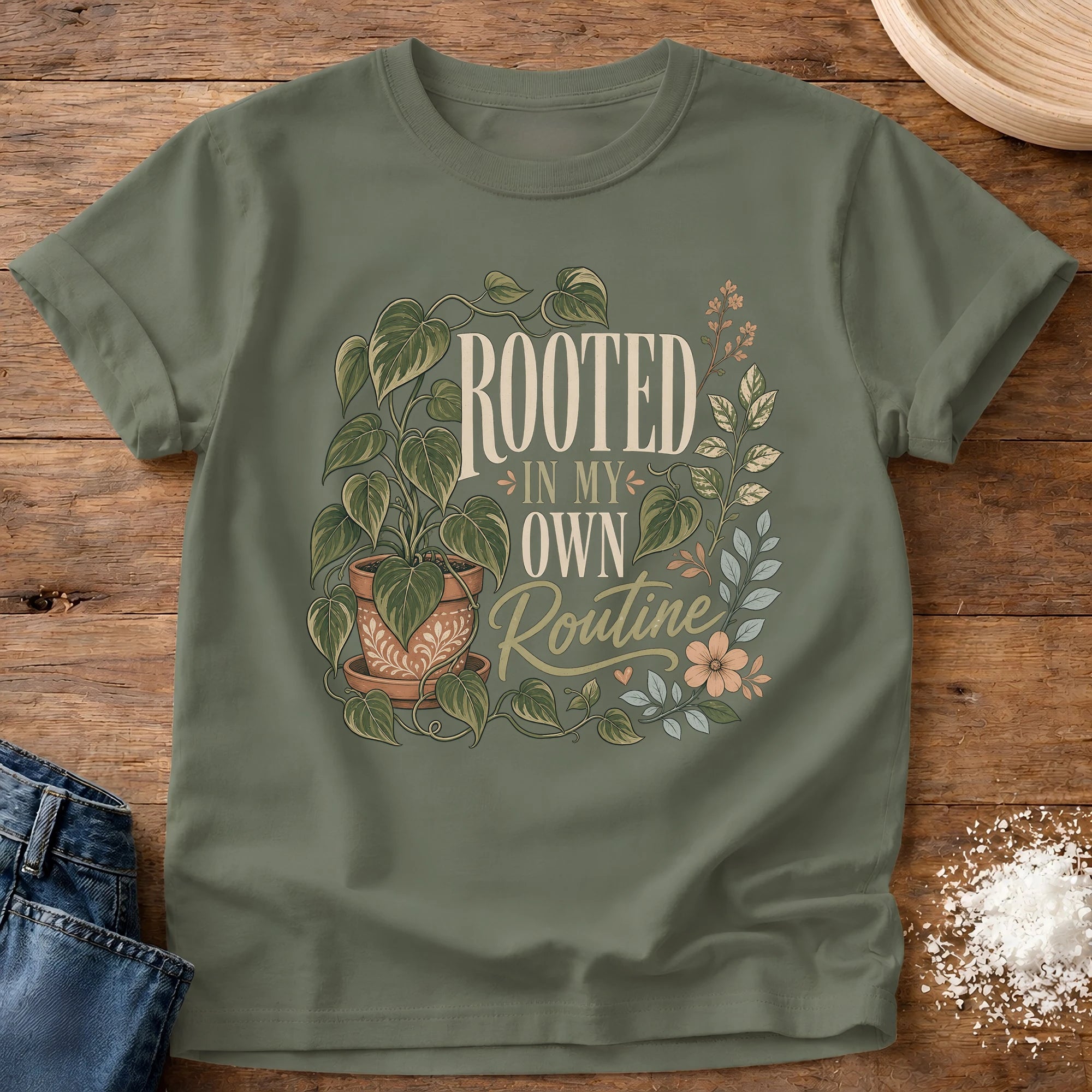 Knead More Fun Rooted In My Own Routine plant t-shirt in Moss