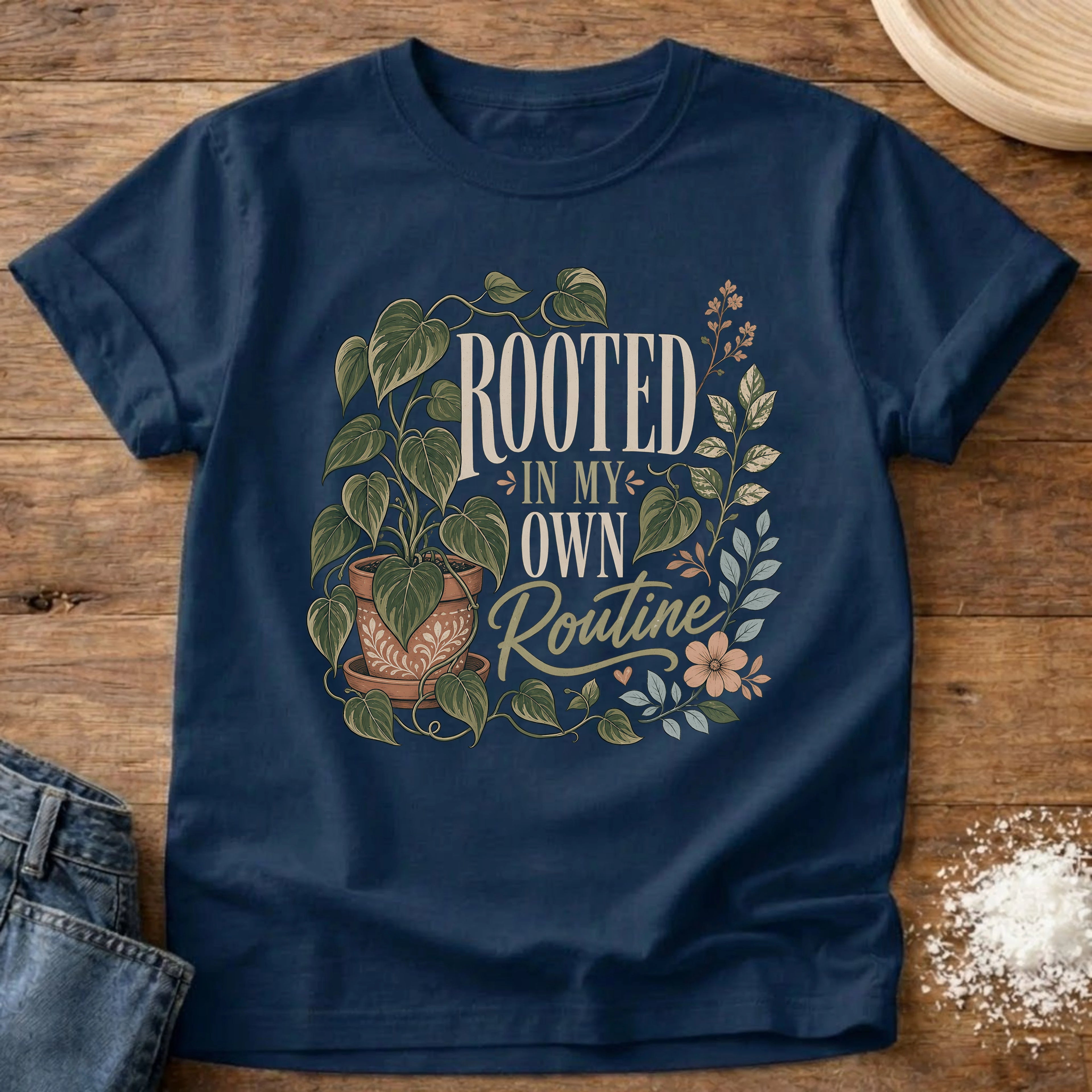 Knead More Fun Rooted In My Own Routine plant t-shirt in Navy