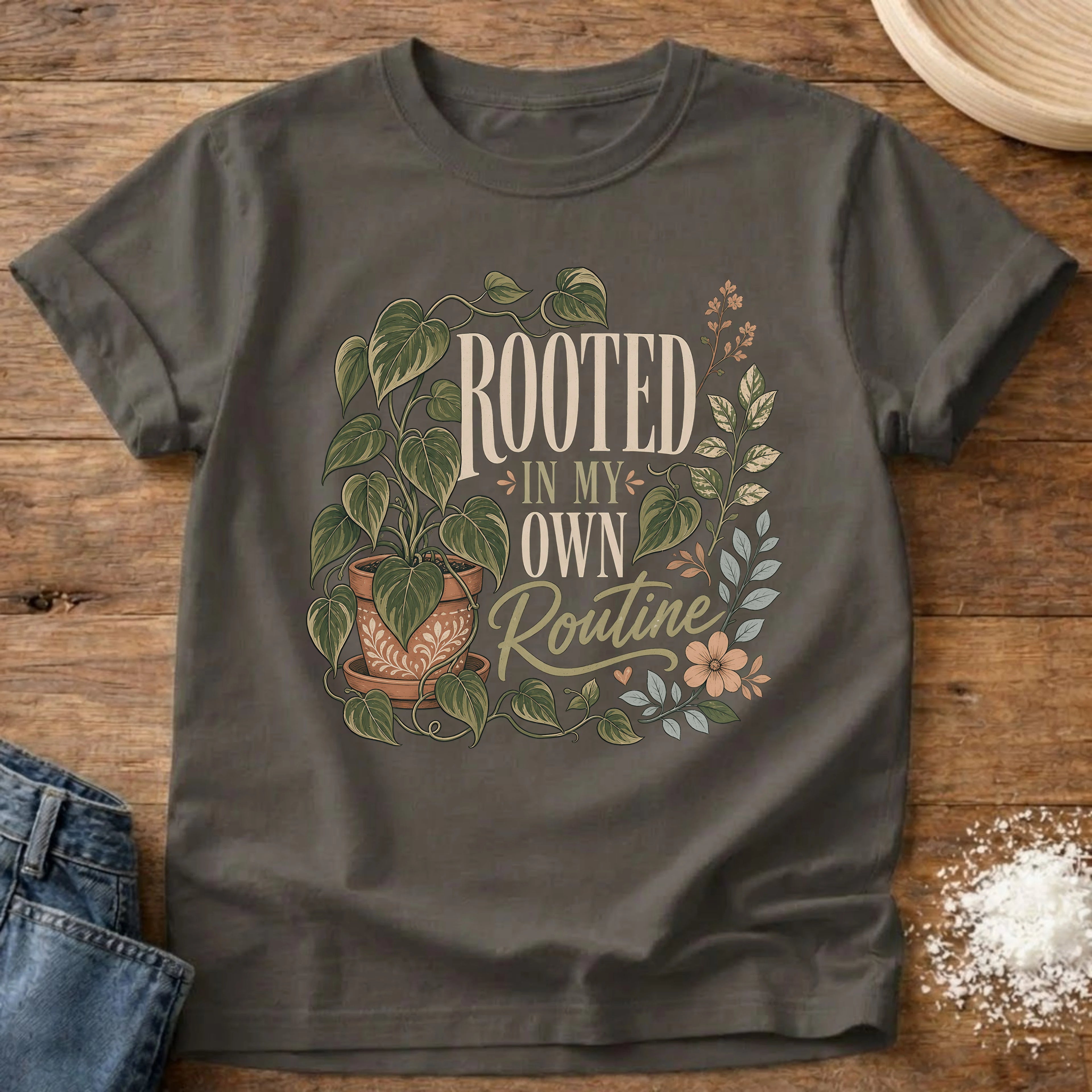 Knead More Fun Rooted In My Own Routine plant t-shirt in Pepper