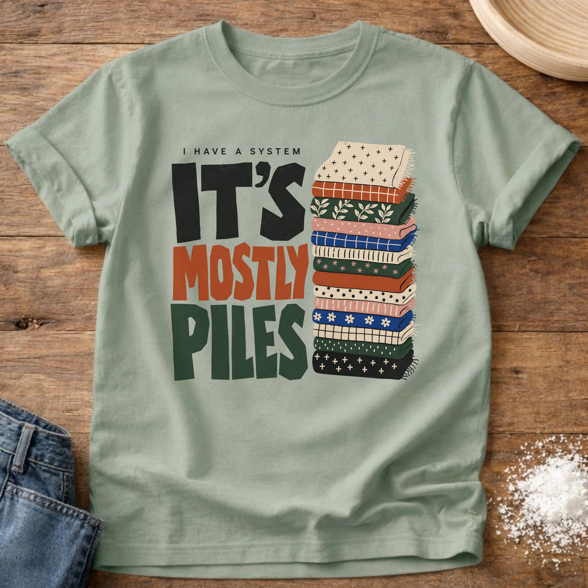 Knead More Fun piles system quilting t-shirt in Bay