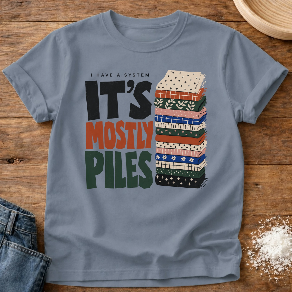 Knead More Fun piles system quilting t-shirt in Blue Jean