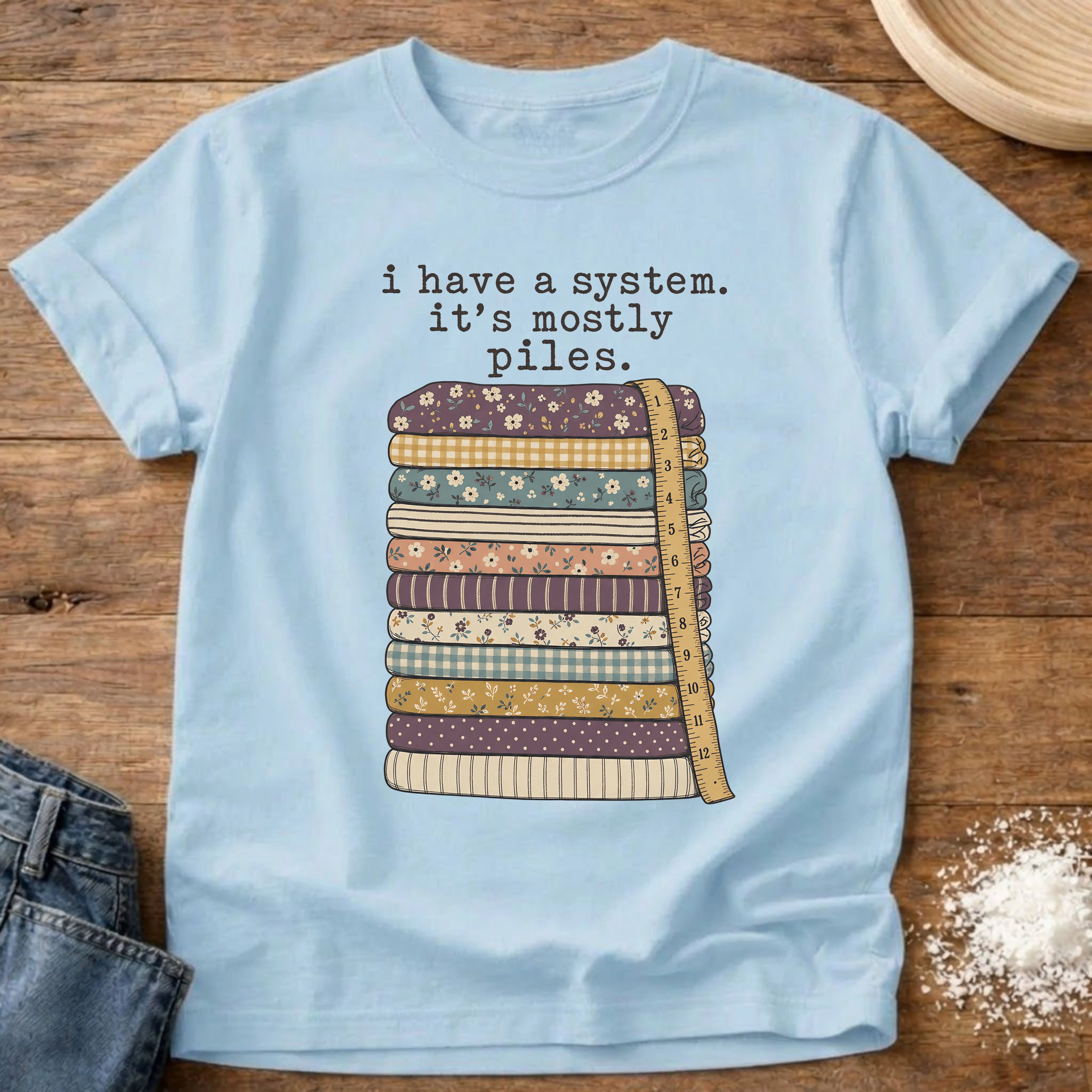 Knead More Fun It's Mostly Piles quilting t-shirt in Chambray