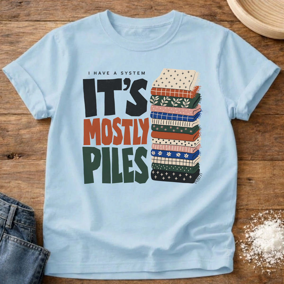 Knead More Fun piles system quilting t-shirt in Chambray