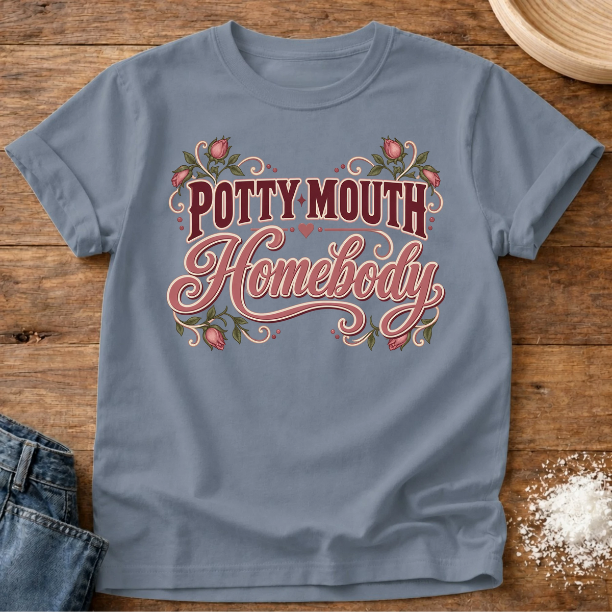 Knead More Fun Potty Mouth Homebody t-shirt in Blue Jean
